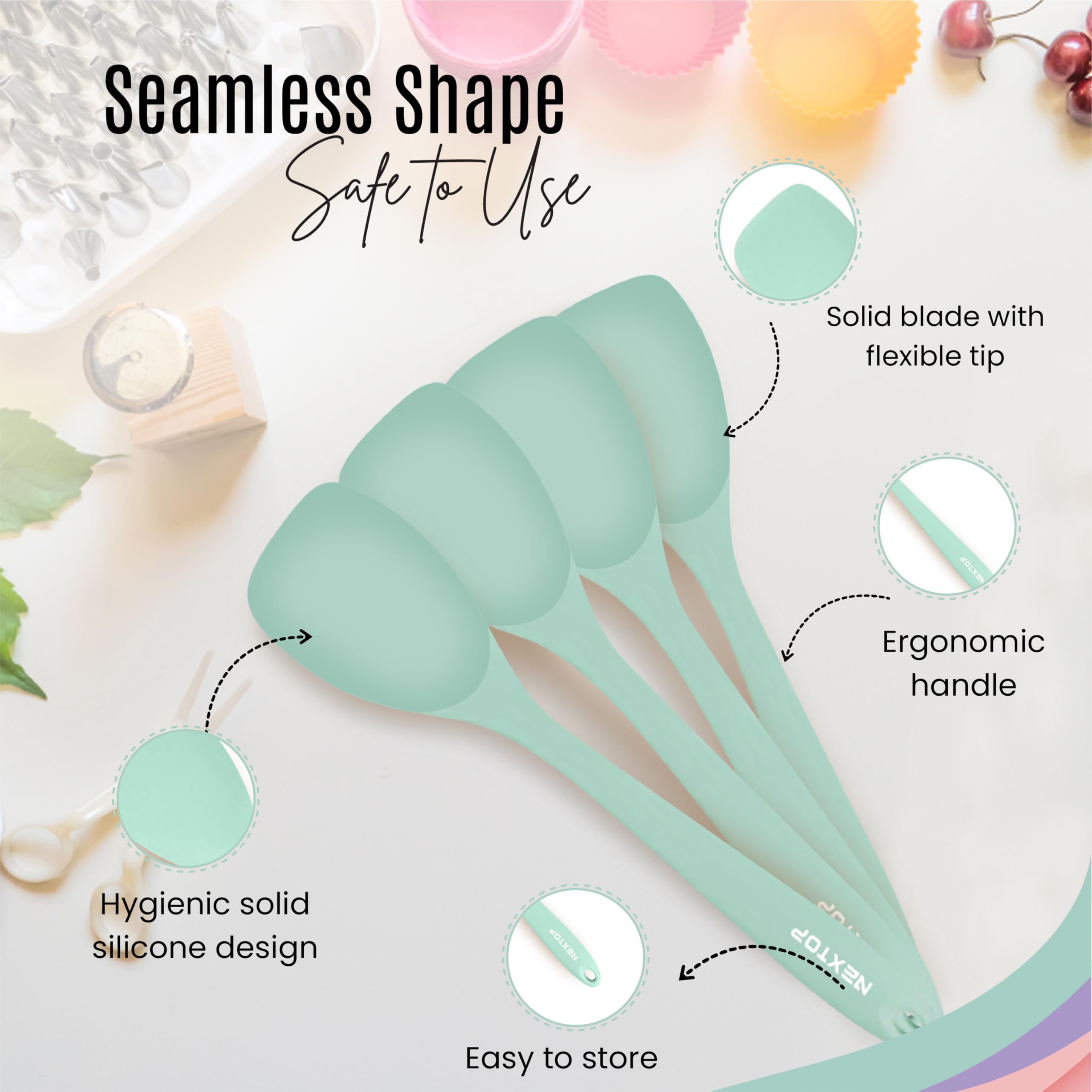NEXTOP Juego de 4 espátulas de silicona – Cuchara de goma antiadherente resistente al calor, utensilio raspador de cocina de silicona sin costuras – raspadores para mezclar, hornear y cocinar (verde)