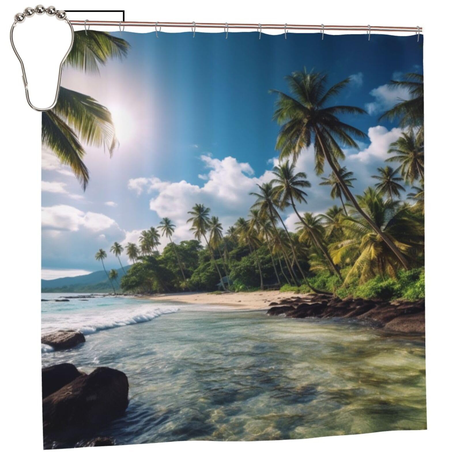 BWWHCCTI Sea_Tropical_Palm_Trees_Beach_Nature Printed Shower Curtain With 12 Iron Hooks Opaque Quick Drying Waterproof Shower Curtains Sets For Bathroom 183x183 CM