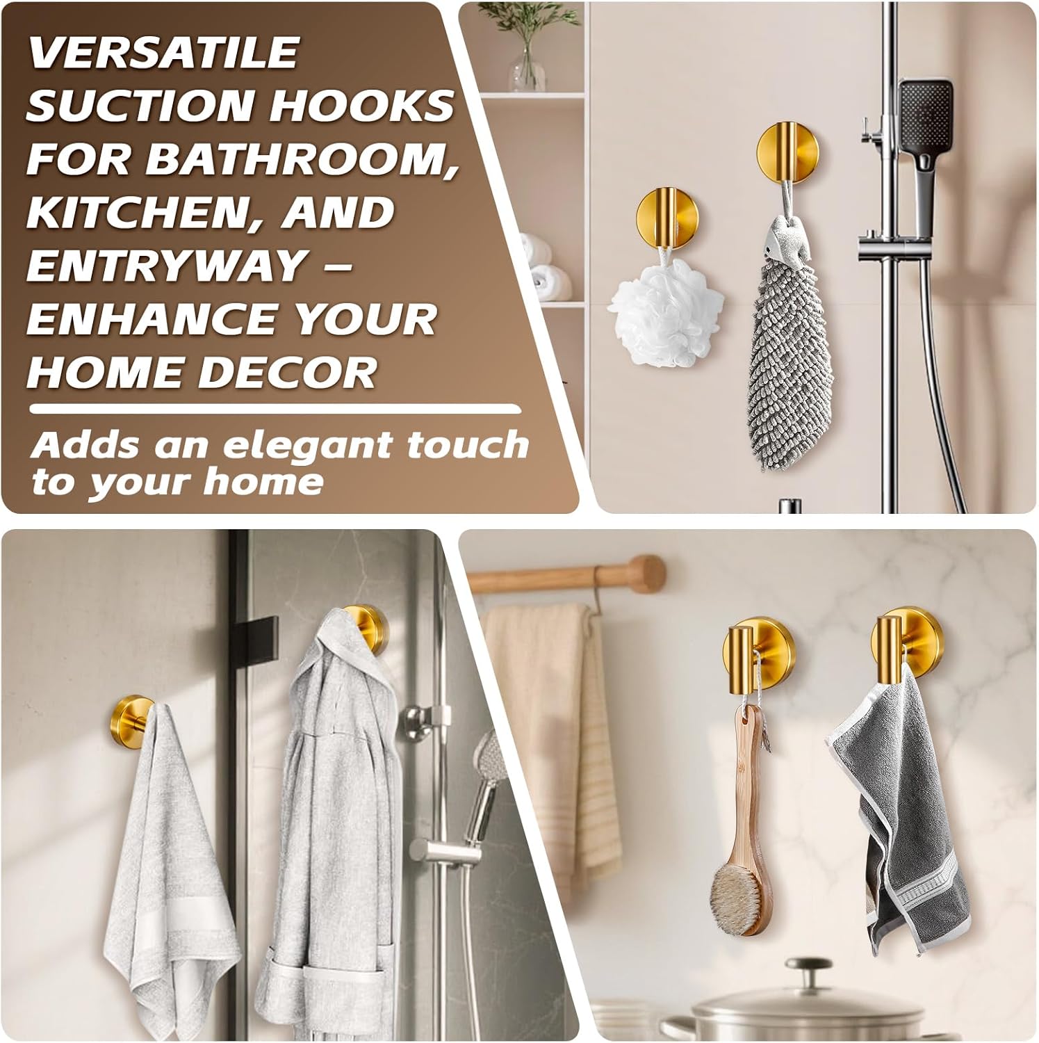 Reusable Heavy Duty Suction Cup Hooks for Kitchen/Bathroom/Shower - Wet-Proof Hooks for Towels, Robes, Loofah&Wreaths/No Drill Mounting on Glass, Tile, (2, Brushed Gold)