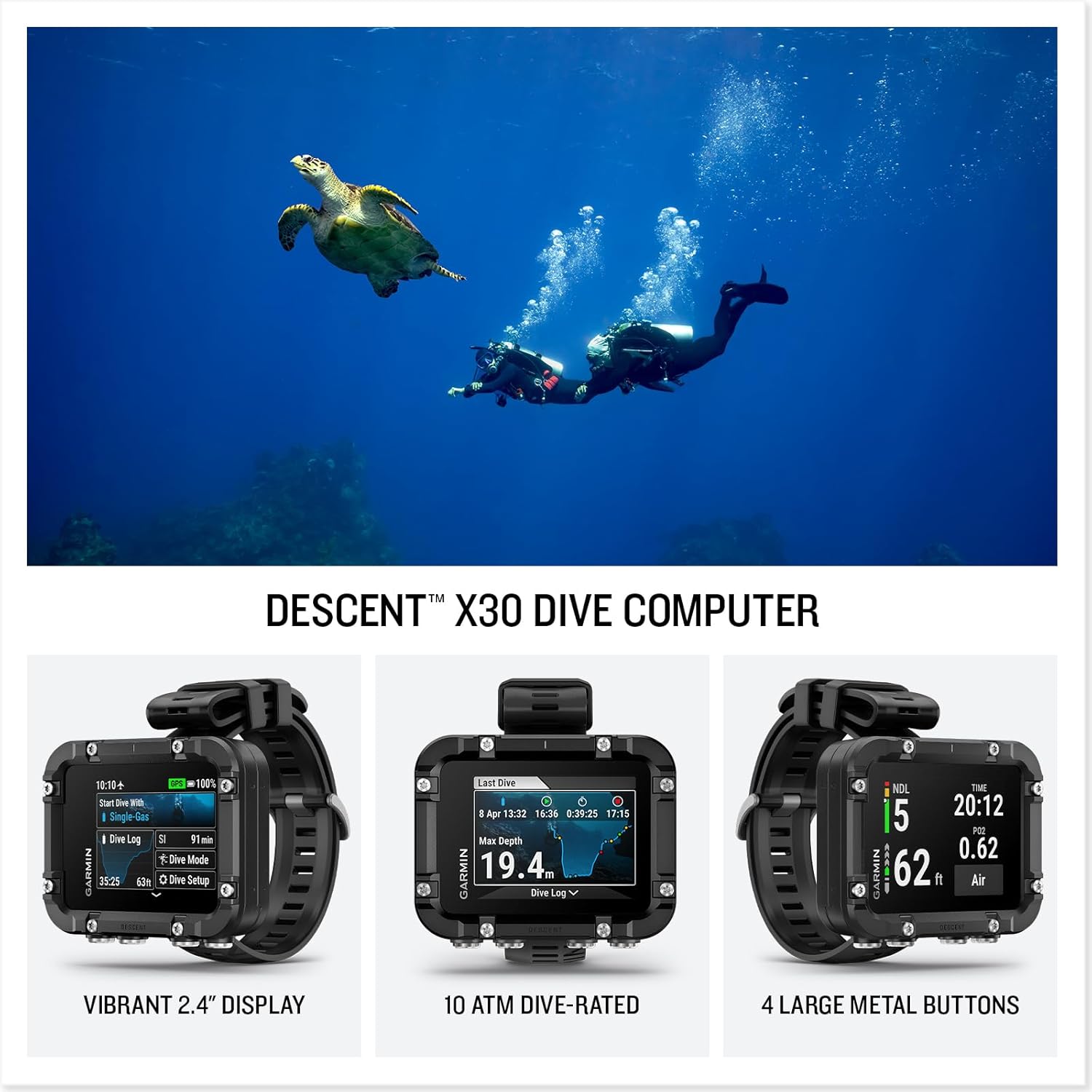 Garmin Descent™ X30, Rugged Dive Computer, Surface GPS, Button Controls, Vibrant 2.4-inch Color Display, Up to 30 Hours of Battery Life
