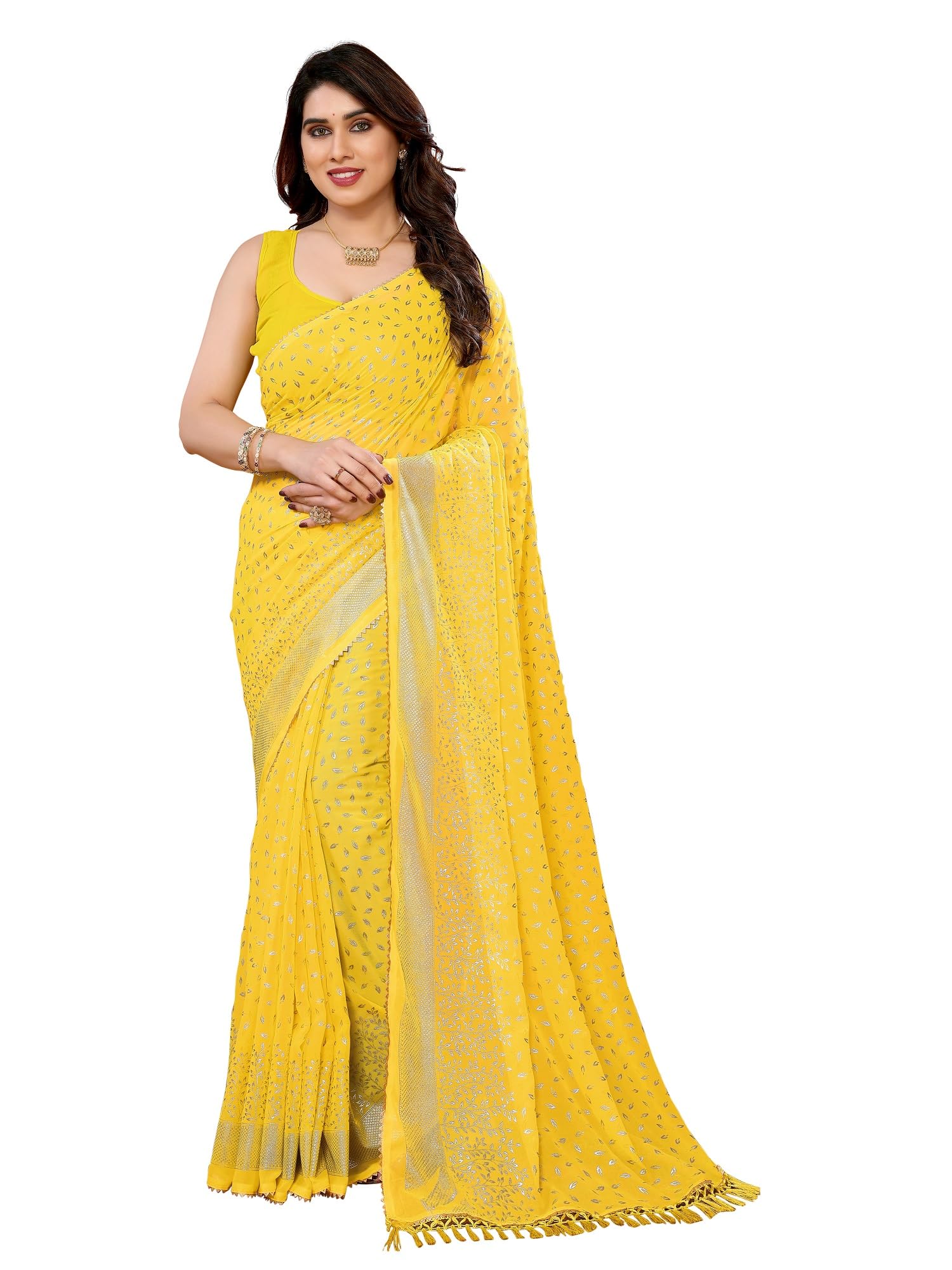 RAJESHWAR FASHION WITH RFWomen's Foil Print Work Georgette Sarees For Ladies & College Girls Farewell With Tassels On Pallu & Blouse