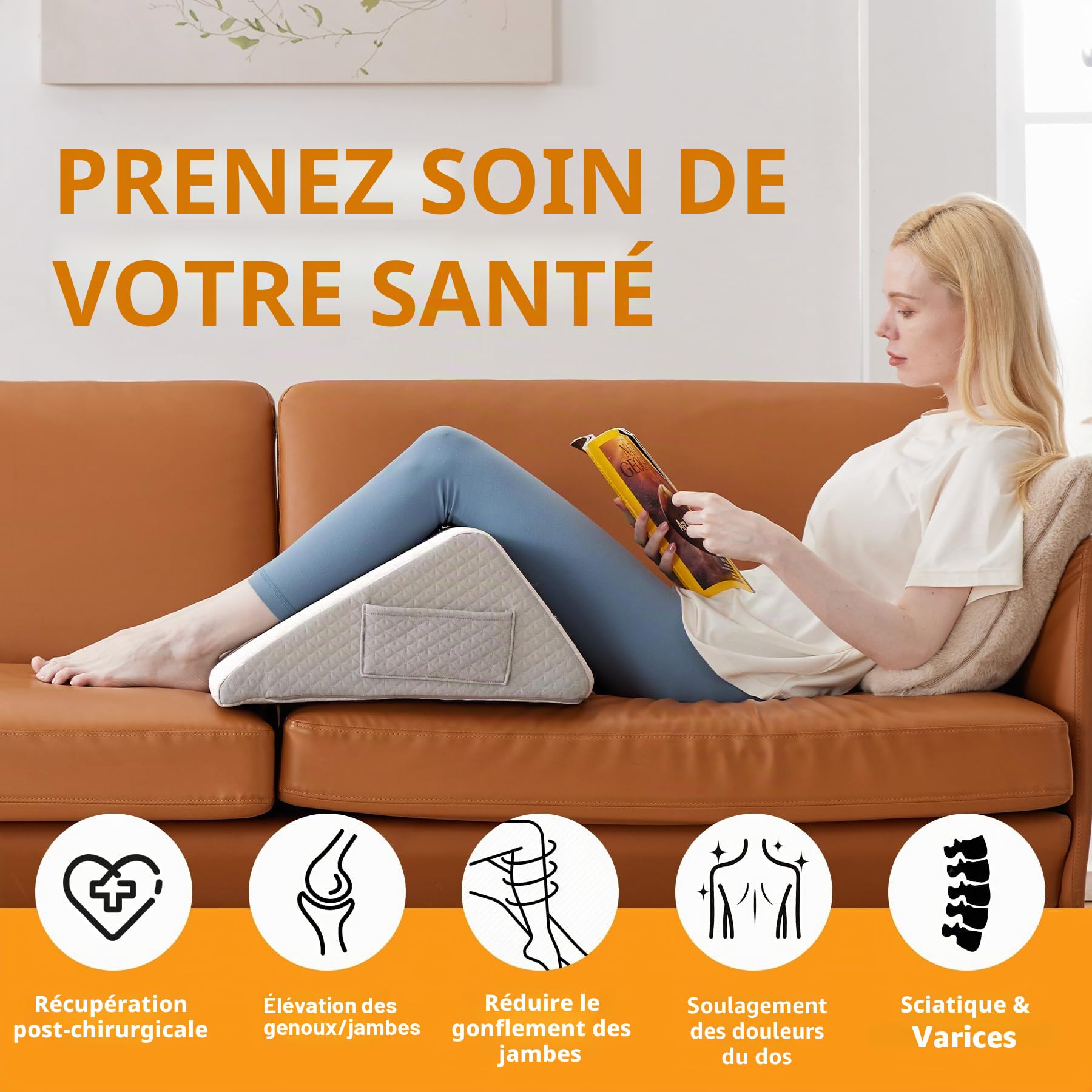 Ruqmuis Coussin cale pour genoux, coussin de genou de 20,3 cm pour dormir sur le dos, coussin de jambe, coussin triangulaire pour soutien du genou, coussin traversin pour jambes, récupération