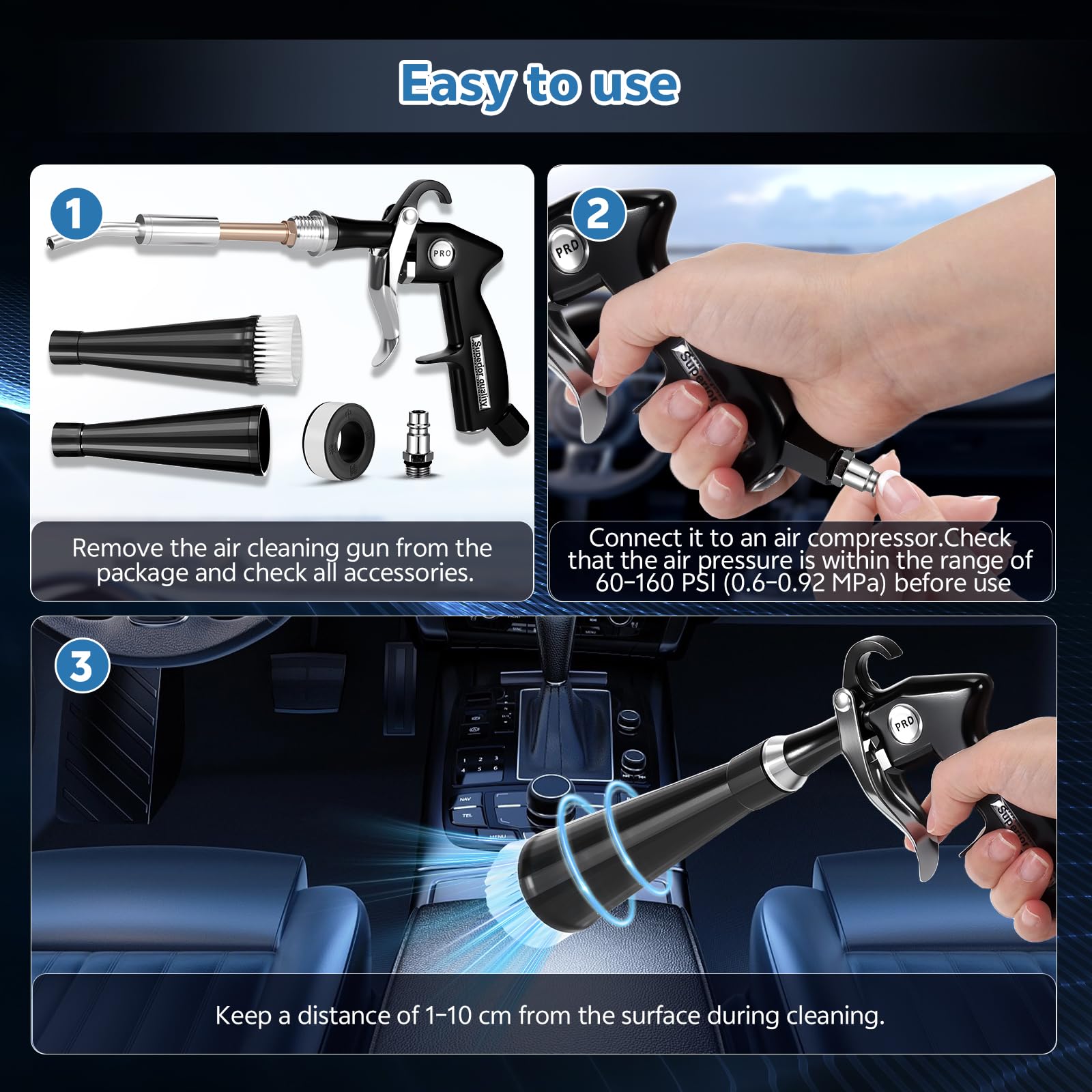 Zocipro Pistolet de Nettoyage à Air Comprimé pour Voiture, Pistolet de Séchage et Nettoyage, Outil de Détailing Auto avec 2 Buses, pour Sièges, Roues, Moteur, Tissu, Cuir et Zones Difficiles d’Accès