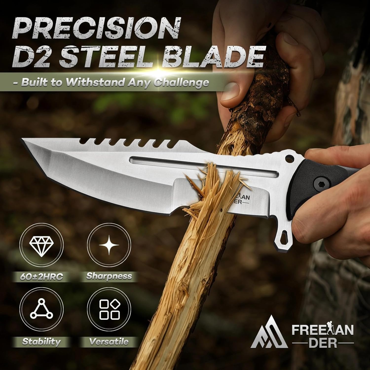 Freelander Outdoor Fixed Blade Knife with Kydex Sheath, Bushcraft Knife Full Tang D2 Steel with Ergonomic Handle, Camping Survival Knives for Men - Image 2