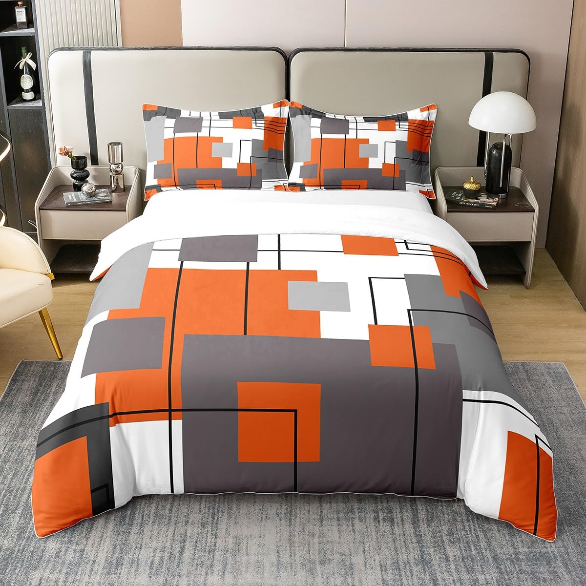 100% Natural Cotton Black White Grey Orange Bedding Set King Geometric Square Comforter Cover for Kids Adults Striped Duvet Cover Mid Century Modern Abstract Quilt Cover 2 Pillow Cases