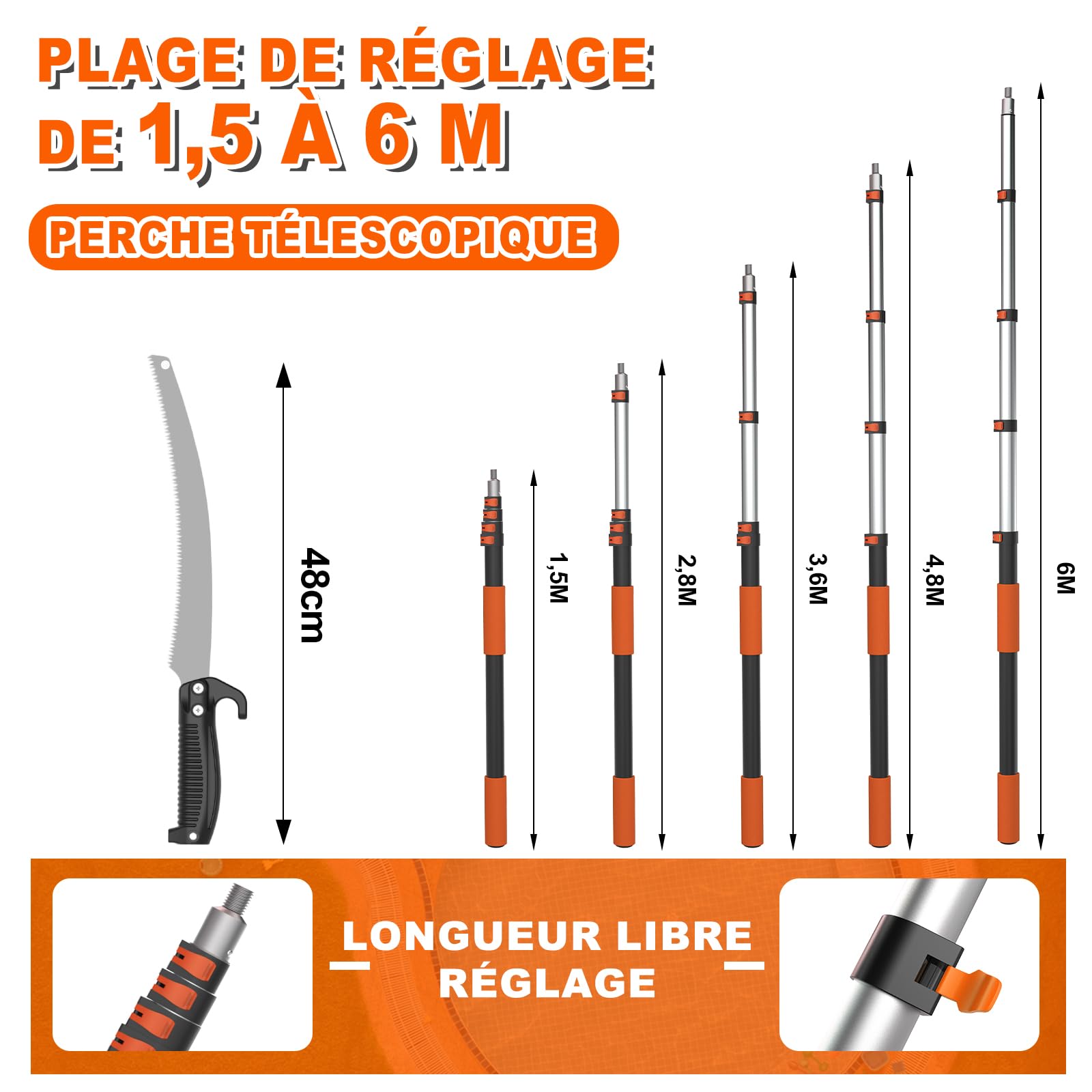 SISUPASSIE Scie Perche Télescopique 6 m, Scie d'Élagage Longue Portée Lame Professionnelle Perche Télescopique Durable, Scie Perche Manuelle Spécialement Conçue pour la Coupe de Branches