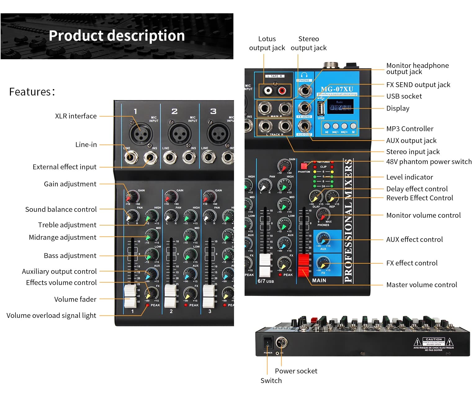 Mezclador de Audio, con pantalla LCD HD, Tableros de mezcla Conector de MP3 Alimentación de 48 V, Consola de mezcla de sonido, USB Wireless Reproducción, para grabación de PC, Bandas (7 Canales)