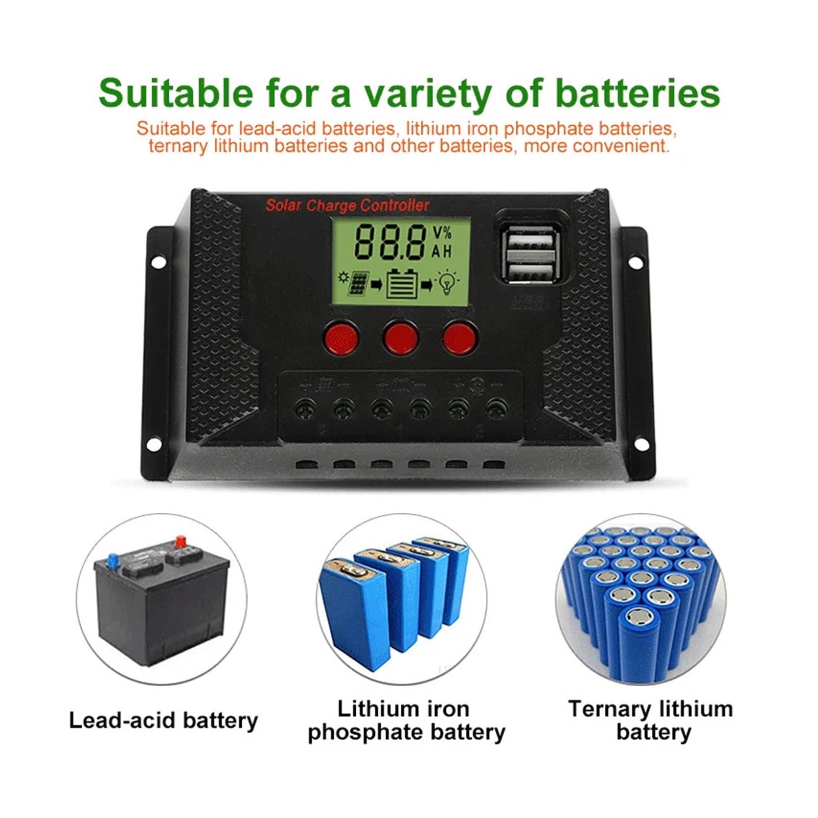 Regulator Słoneczny, Kontroler Słoneczny 10A-100A Adaptacyjny 12V 24V Akumulator Litowo-kwasowy Rozładowywanie Akumulatora Latarnia Uliczna PWM USB Kontroler Panelu Fotowoltaicznego(CPLS-70A)