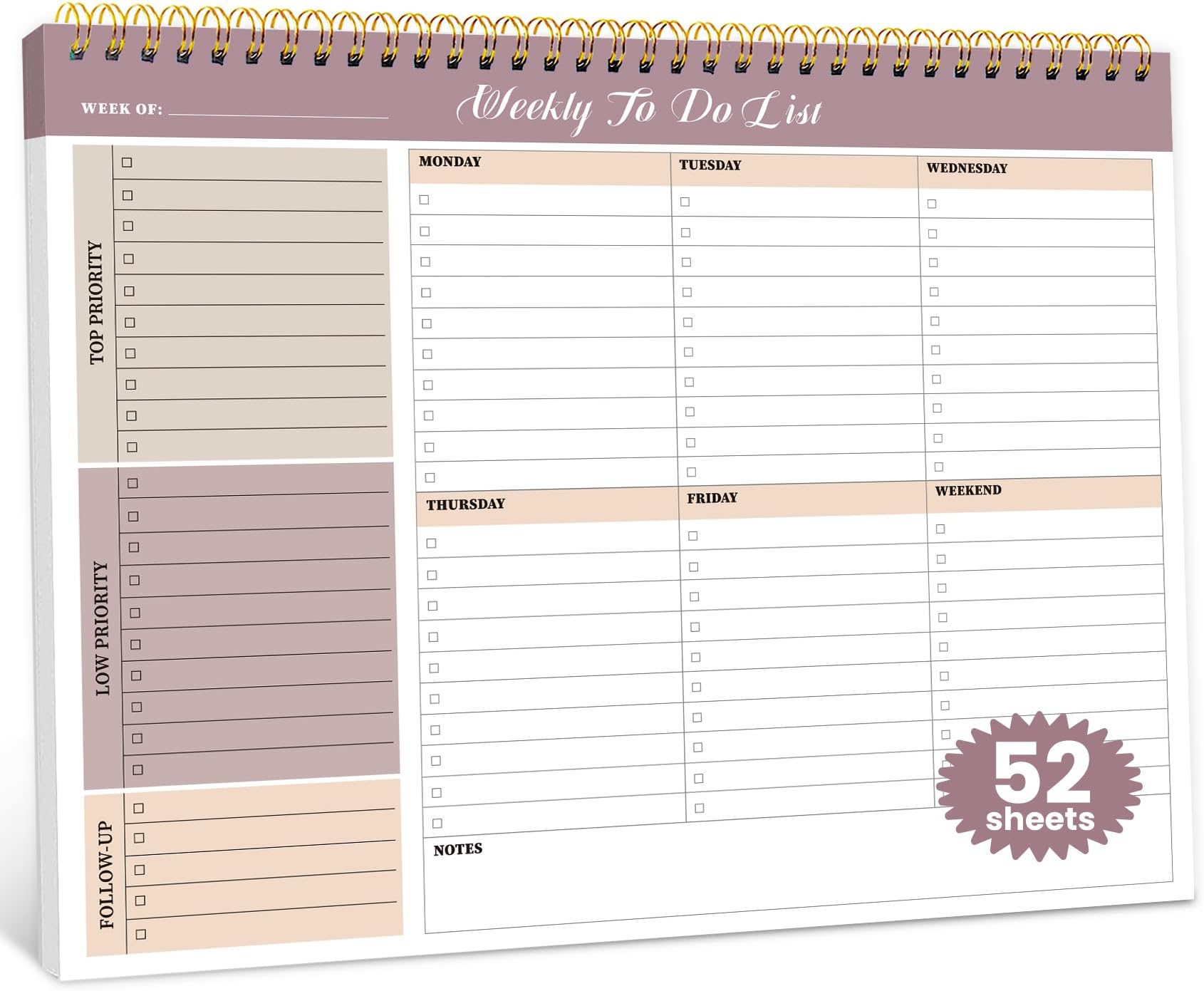 Weekly To Do List Notepad with 52 Undated Sheets（8.5"×11"）- Undated Weekly Planner Notepad for Office Desk Accessories and Supplies - Midnight Lilac