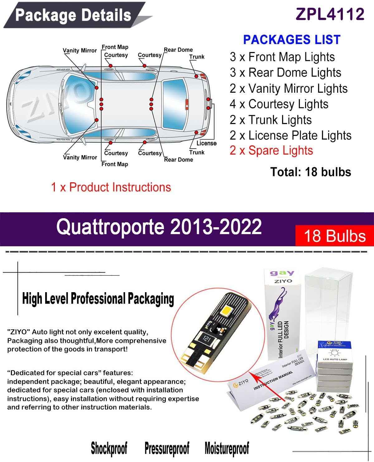 ZIYO ZPL4112 - (18 Bulbs) LED Interior Light Kit + License Plate lights Replacement for Maserati Quattroporte 2013-2022, White Dome Light Bulbs Upgrade