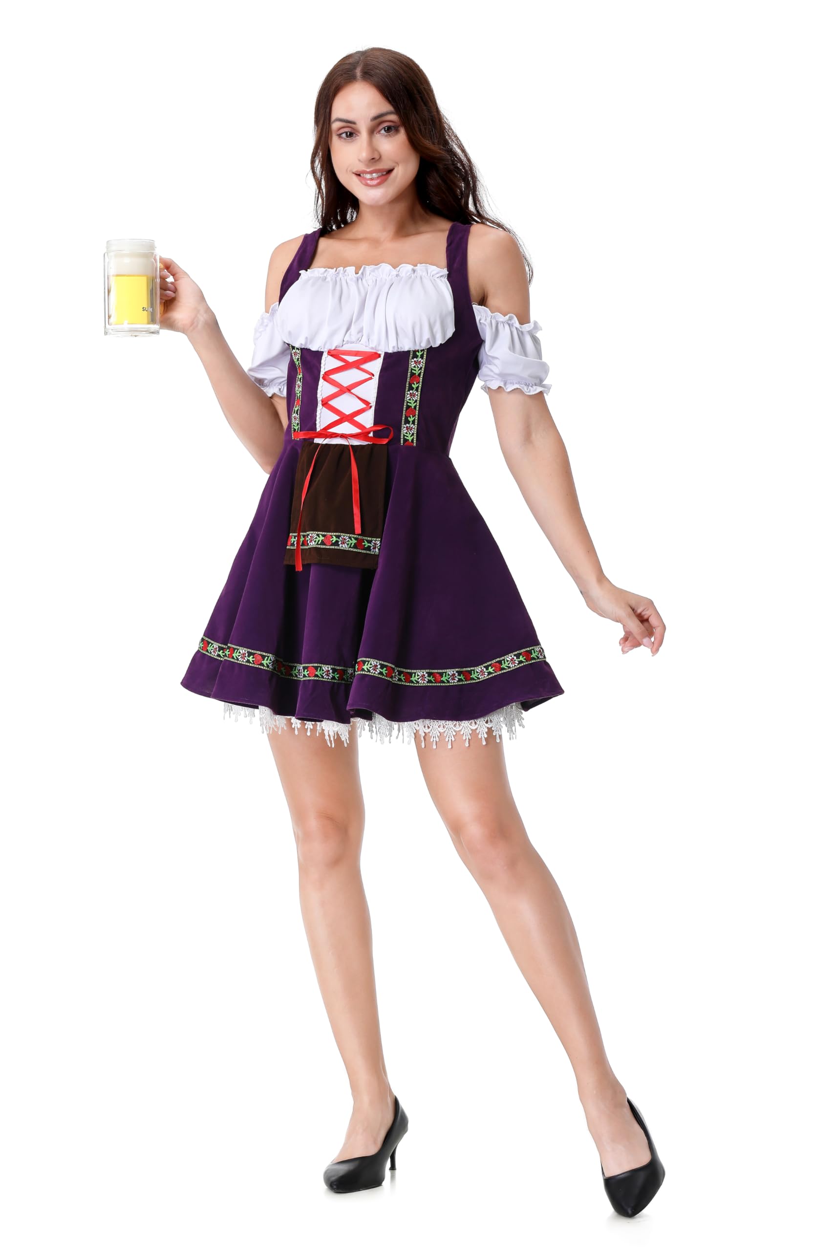 HAPNBCELE Oktoberfest Costume for Womens German Dirndl Dress One-Shoulder Traditional Bavarian Carnival Halloween Outfits (Purple - Image 4