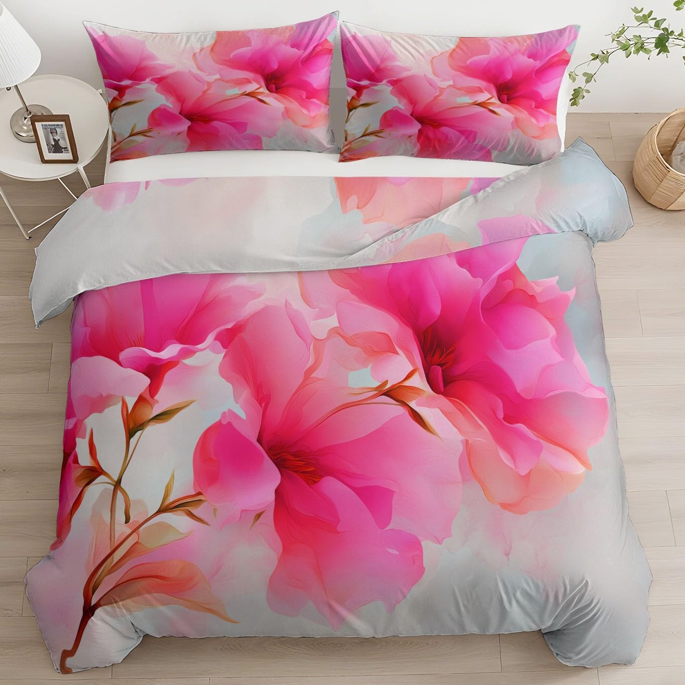 Housse de couette 220x240 rose anti-glisse avec fermeture éclair et motif floral plantes