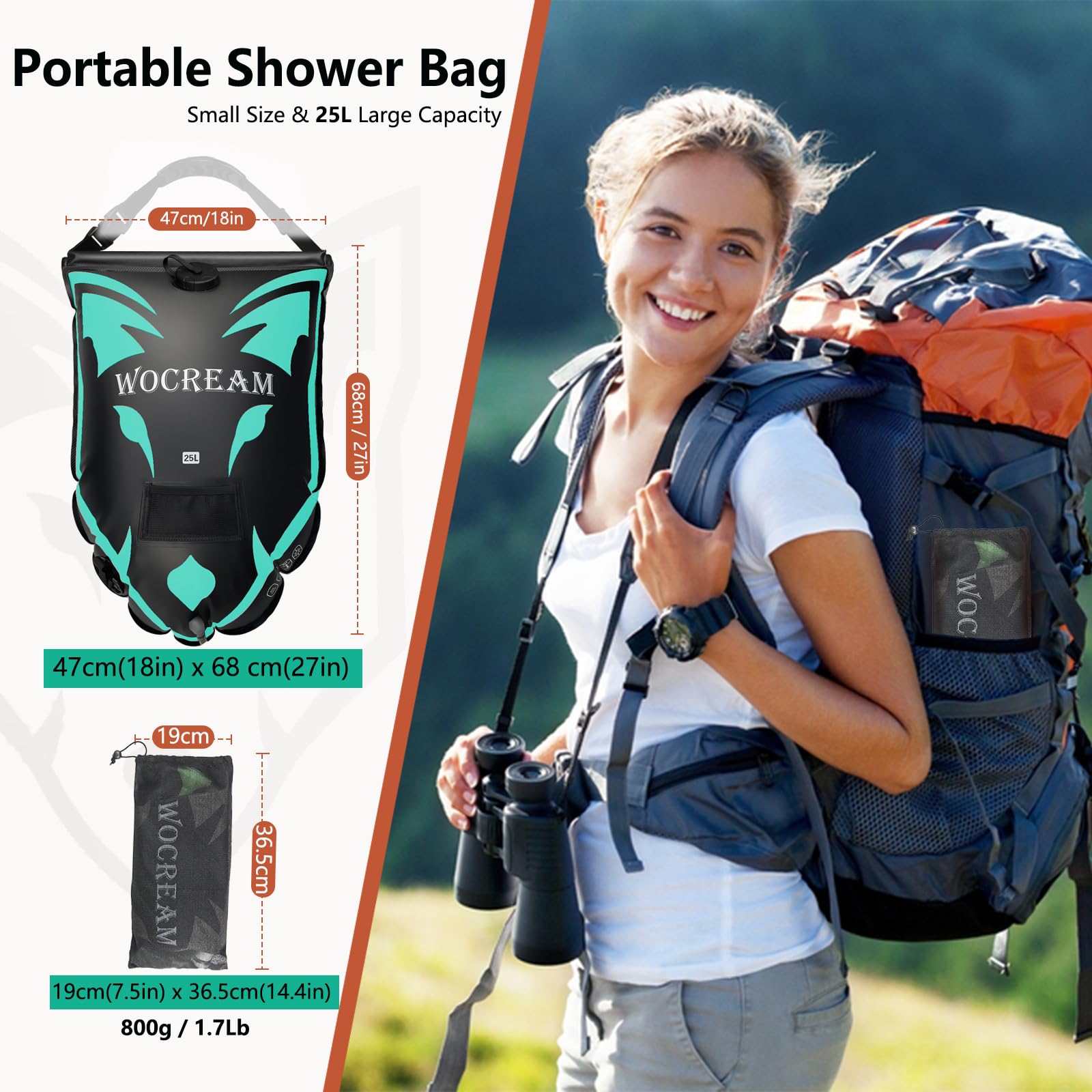 Campeggio Doccia Esterna, 6,6 galloni/25 l, Borsa da doccia in TPU, grande flusso d'acqua, doccetta, doccia solare, doccia portatile per campeggio, spiaggia, zaino