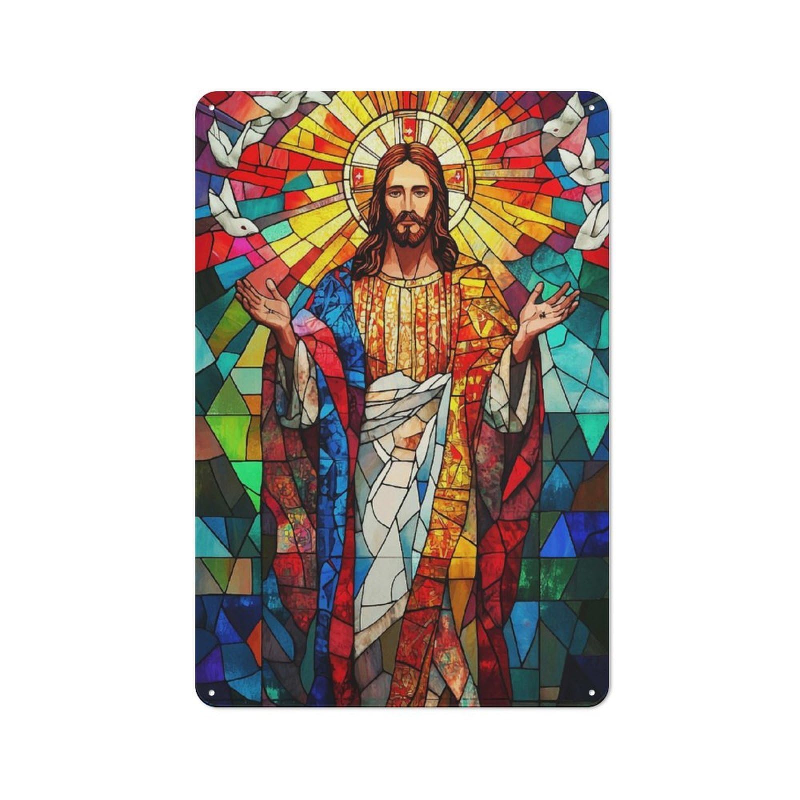 Junmoney Stained Glass Jesus Rustic Tin Wall Plaque 30X20cm Featuring For Pub Or Café, A Decorative Christmas Gift For Café Interior Fans