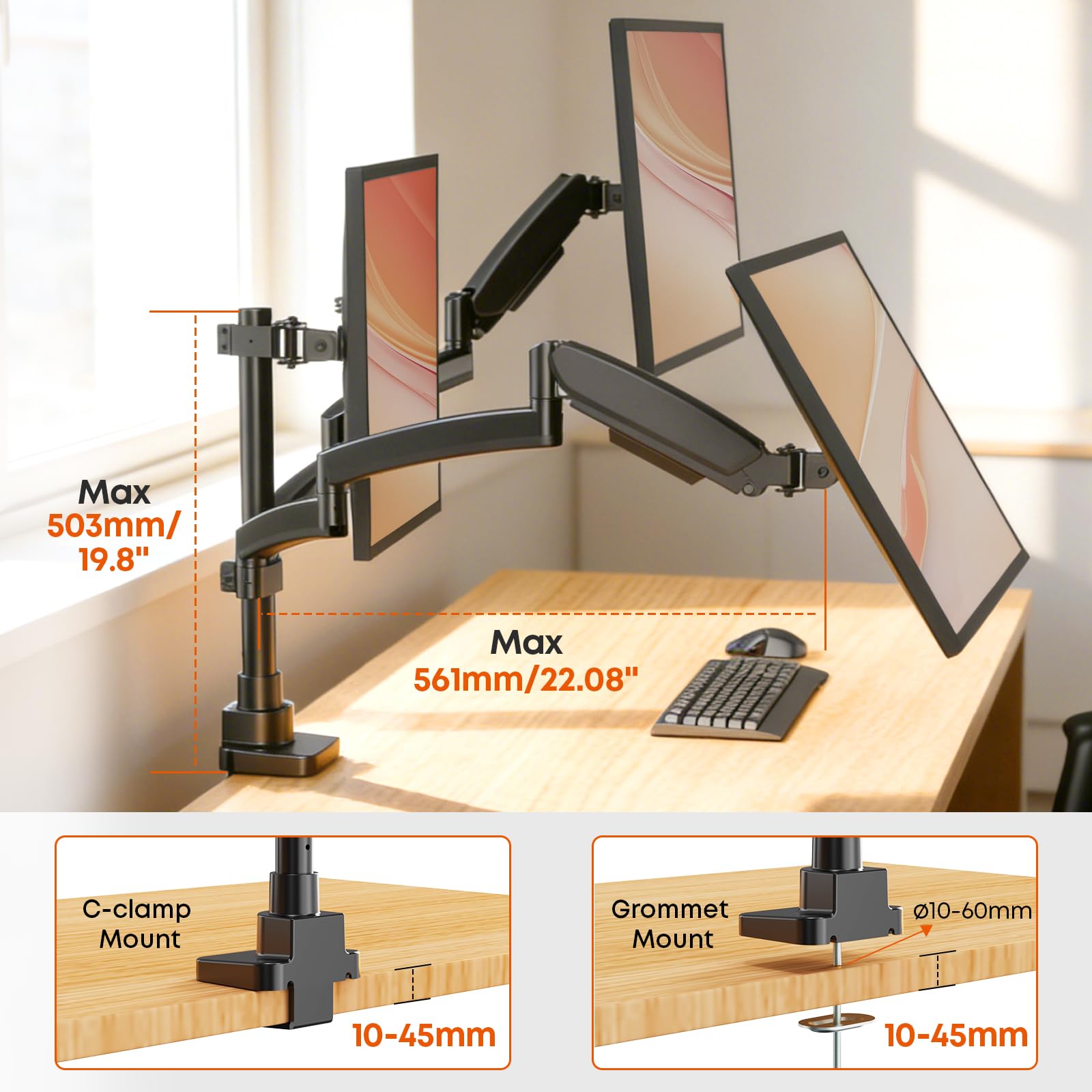 PUTORSEN Support pour 3 écrans 17-32 Pouces, Charge 10 kg par Bras, VESA 75/100 mm