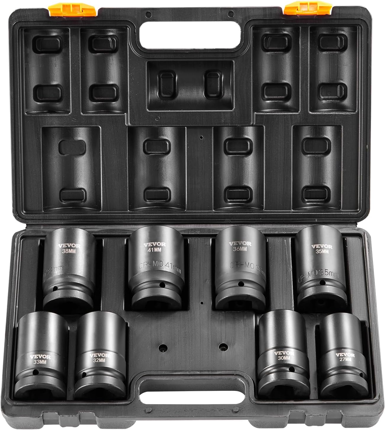 VEVOR 1" Drive Impact Socket Set, 8 Piece Deep Socket Set Metric 27-41mm, 6 Point Cr-Mo Alloy Steel for Auto Repair, Easy-to-Read Size Markings, Rugged Construction, Includes Storage Case