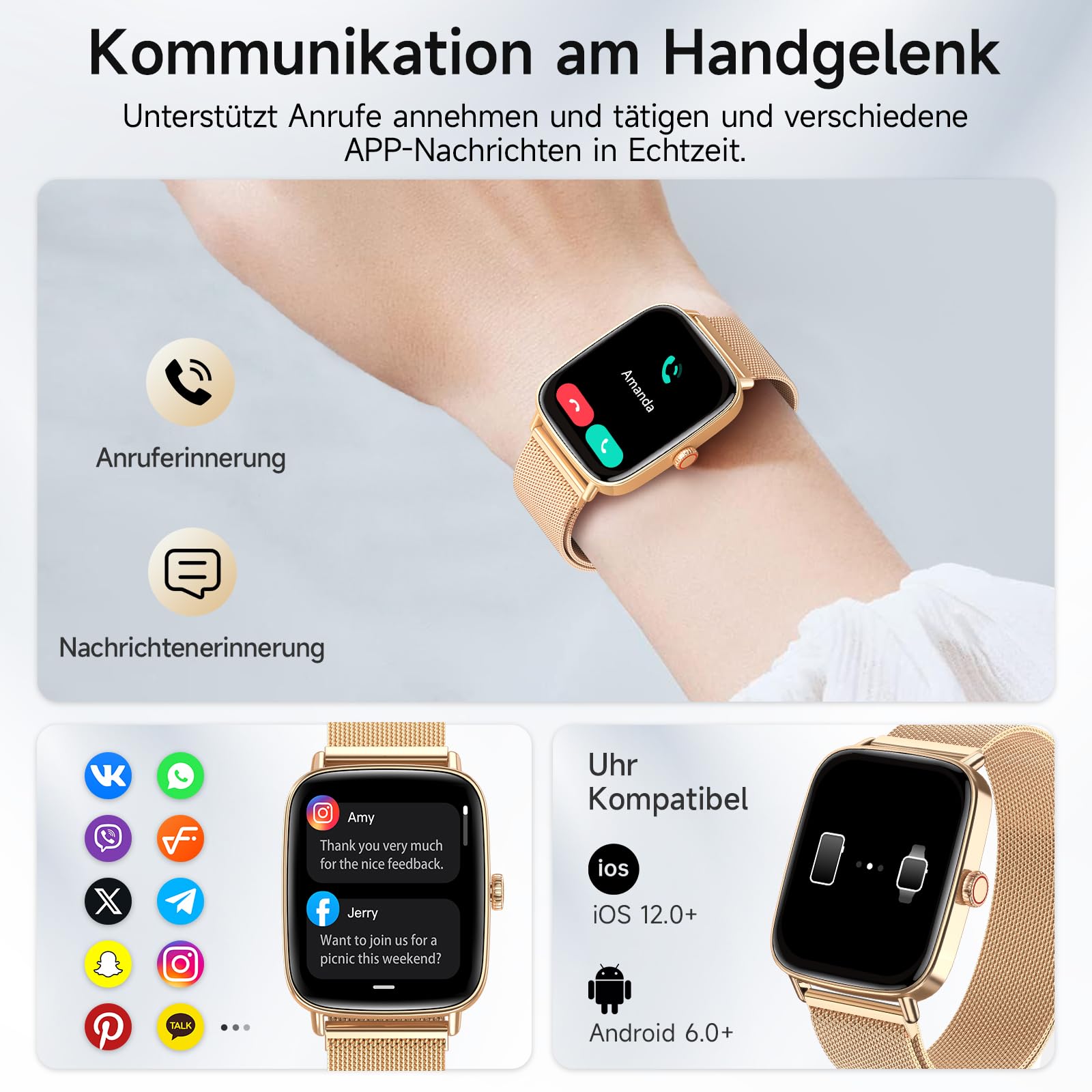 Smartwatch with Bluetooth Call, 1.36'' Smartwatch Women Men, IP68 Waterproof, 8 Sport Modes, Music Player, Heart Rate Monitor, SpO2, Smartwatches for Android iOS (Gold
