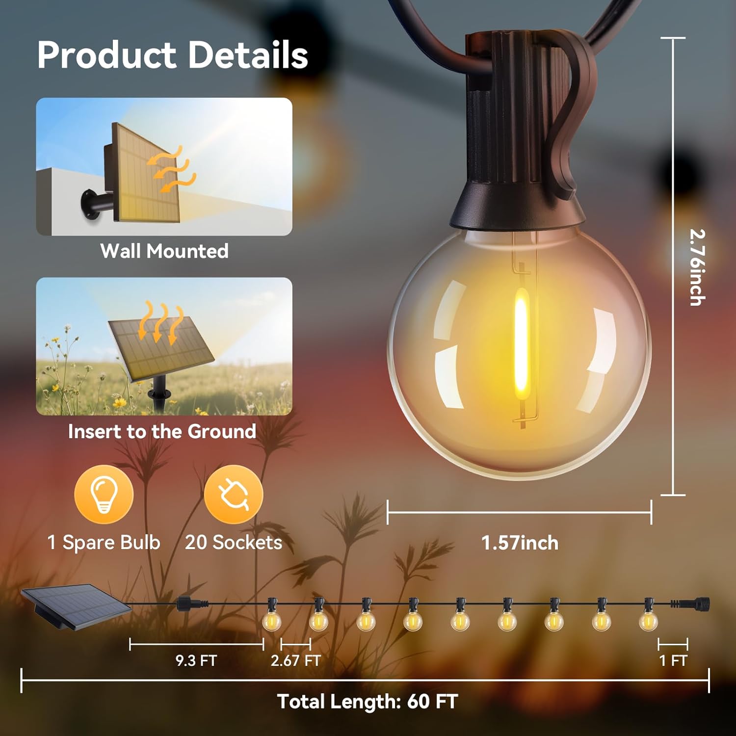 HJQ 60FT Solar String Lights Outdoor Waterproof, Patio Lights Solar Powered with Remote & USB Port, 20+1 LED Shatterproof Bulbs, 3 Light Modes, Dimmable Solar Hanging Lighting for Camping Yard Garden - Image 6