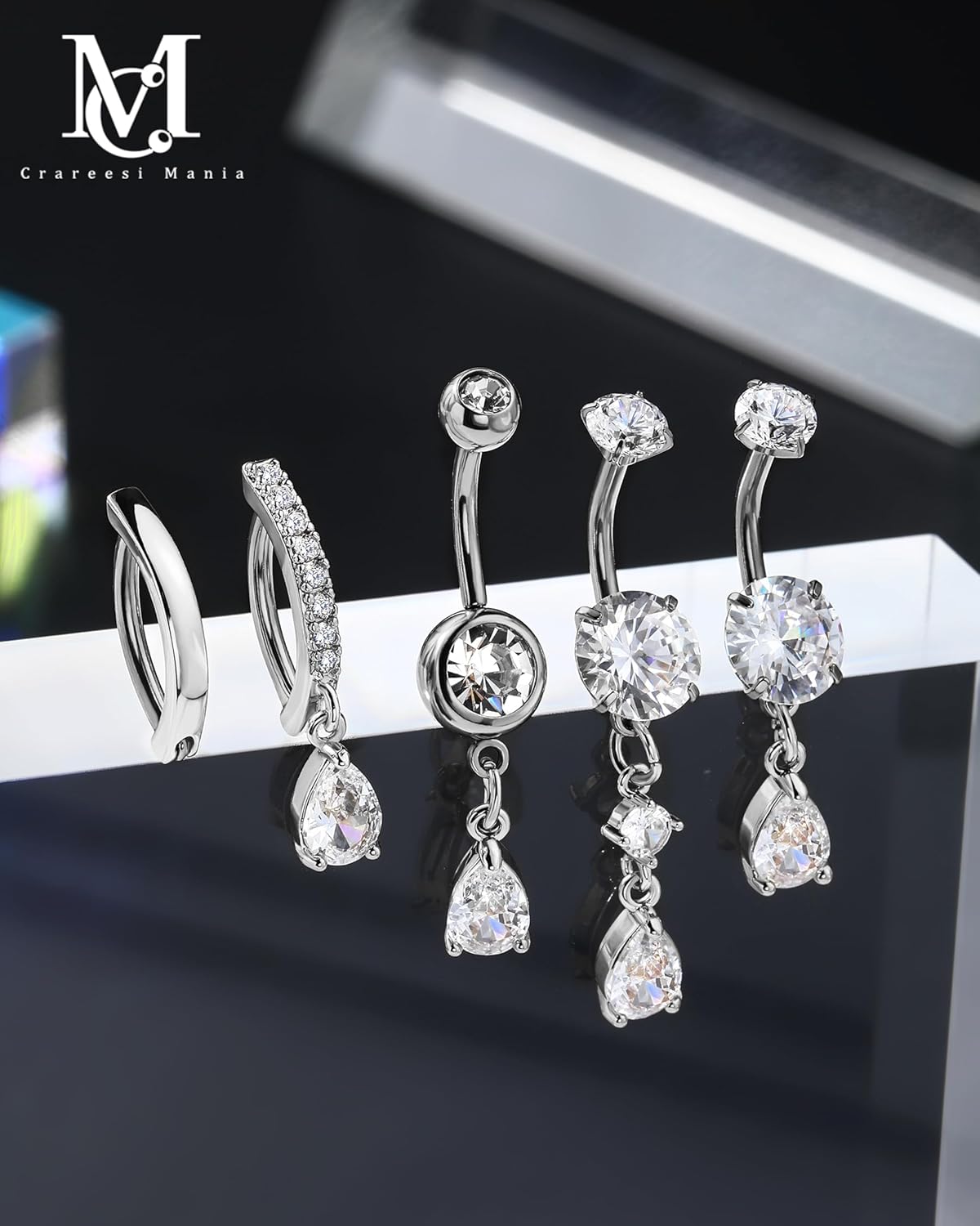 CM Crareesi Mania Dangle Belly Rings Pack 316L Stainless Steel Belly Piercing Jewelry 14G Belly Clicker Piercing 5PCS Dangly Navel Ring for Women - Image 2