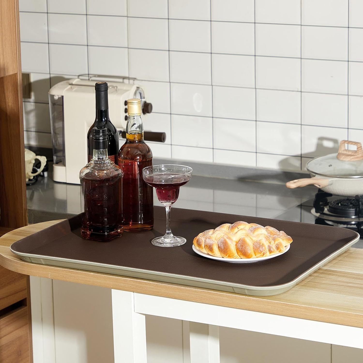 2 Pcs 18 x 26 Inch Rectangular Restaurant Serving Trays PP Non Slip Rubber Lined Large Plastic Display Tray for Kitchen Dining Room Cafeterias Fast Food Service(Brown)