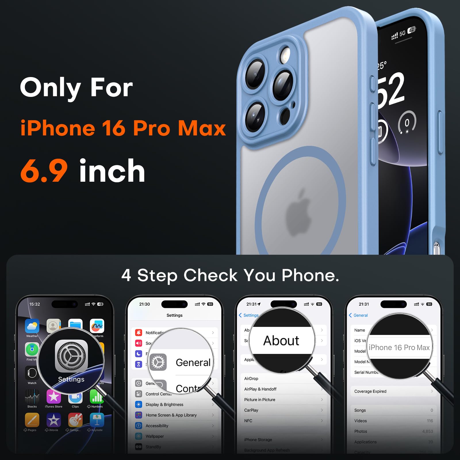 TOCOL 3 in 1 Cover Magnetica per iPhone 16 Pro Max 6,9 Pollic, con 2 Vetro Temperato, Compatibile con MagSafe [Protezione Fotocamera Integrata] Custodia Antiurto Traslucida Opaca, Blu Chiaro