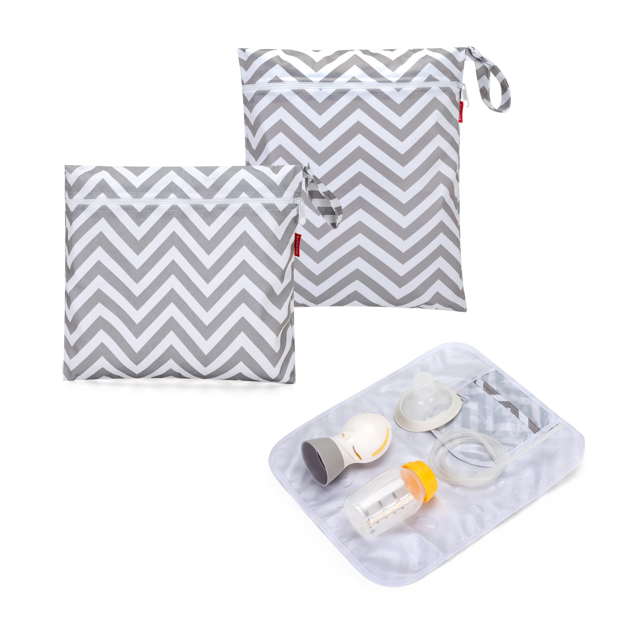 Damero Breast Pump Parts Bag, 2Pack Wet Bag for Breast Pump Parts Storage with Waterproof Mat, Gray Chevron-image-34
