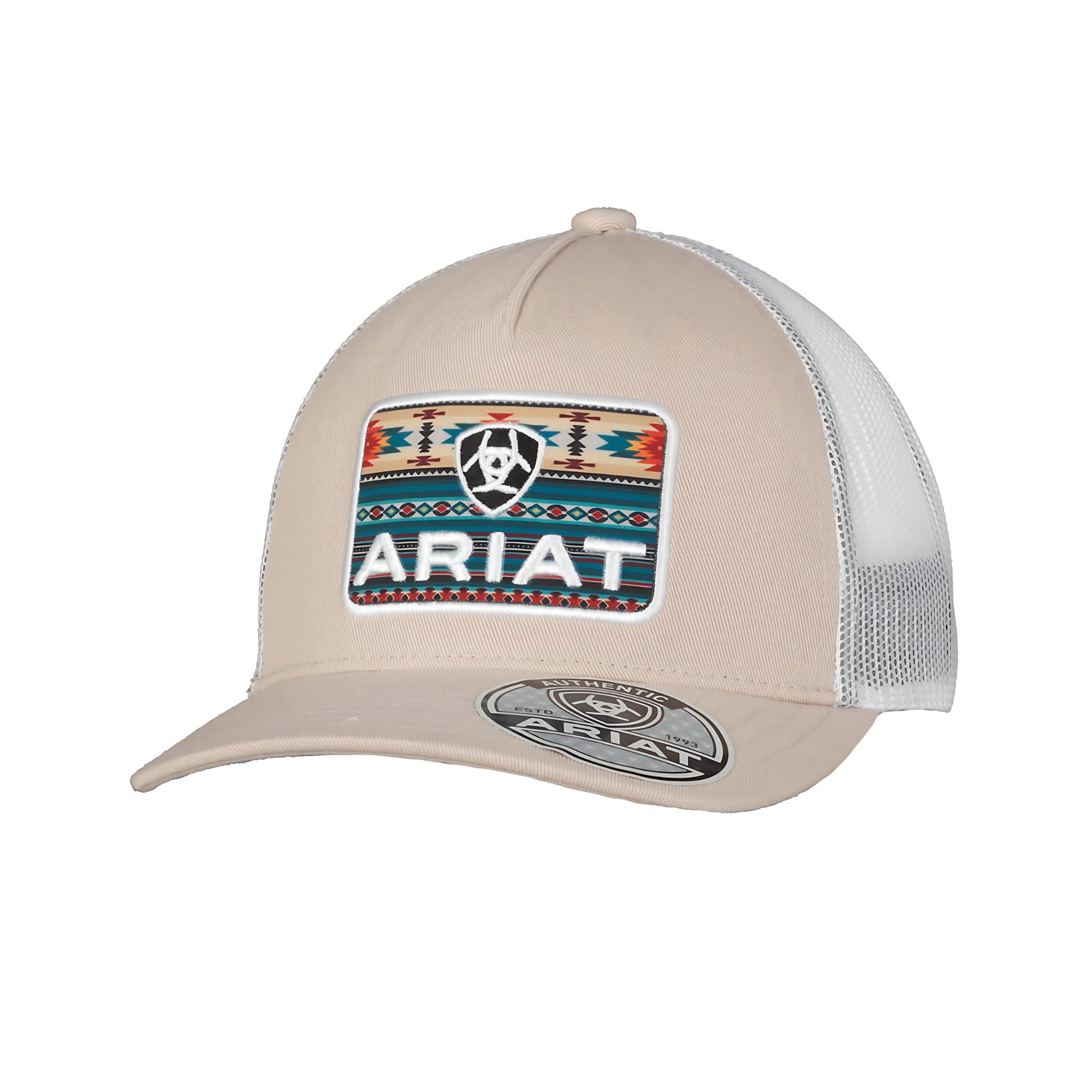 Ariat Men's Beige Trucker Cap With Southwest Design Patch And Snapback Closure (Beige)
