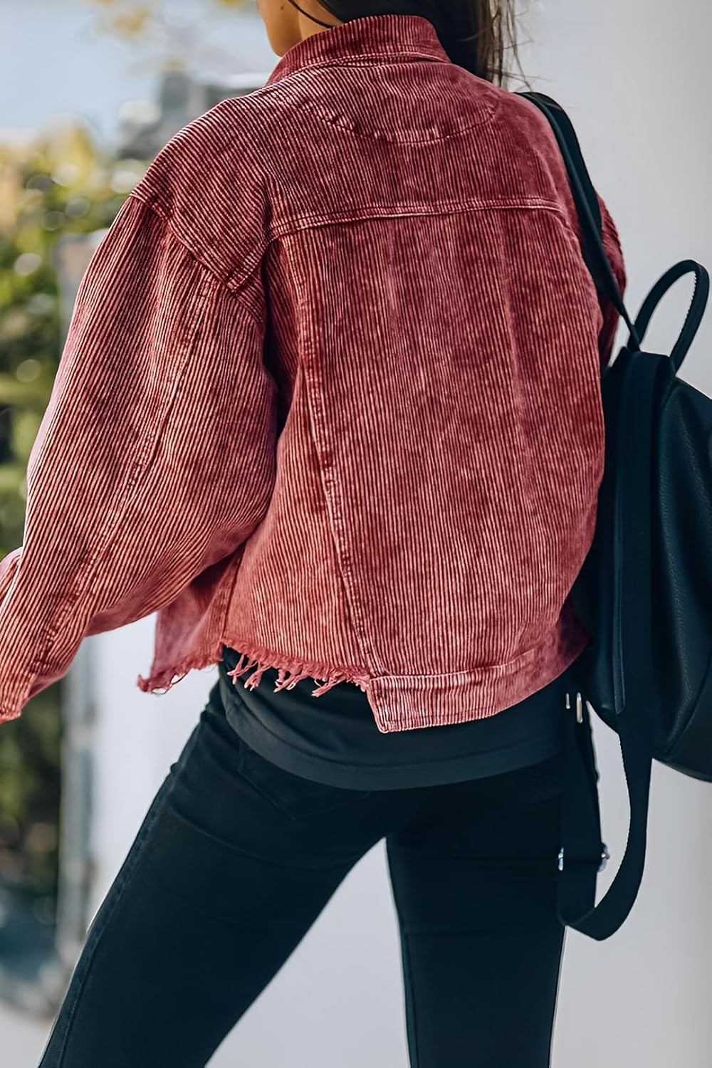 Womens Cropped Corduroy Jacket Casual Button Down Shacket Coat Fringe with Frayed Hem - Image 5