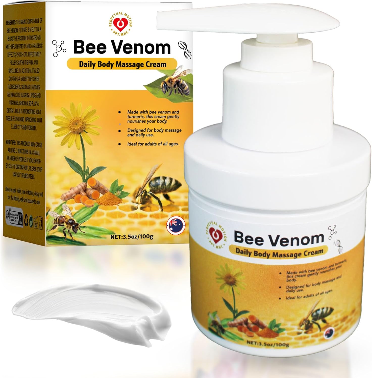 Bee Venom Cream with Pump - Professional Bee Venom, Turmeric & Arnica Moisturizing Formula for Daily Body Massage - 3.5oz