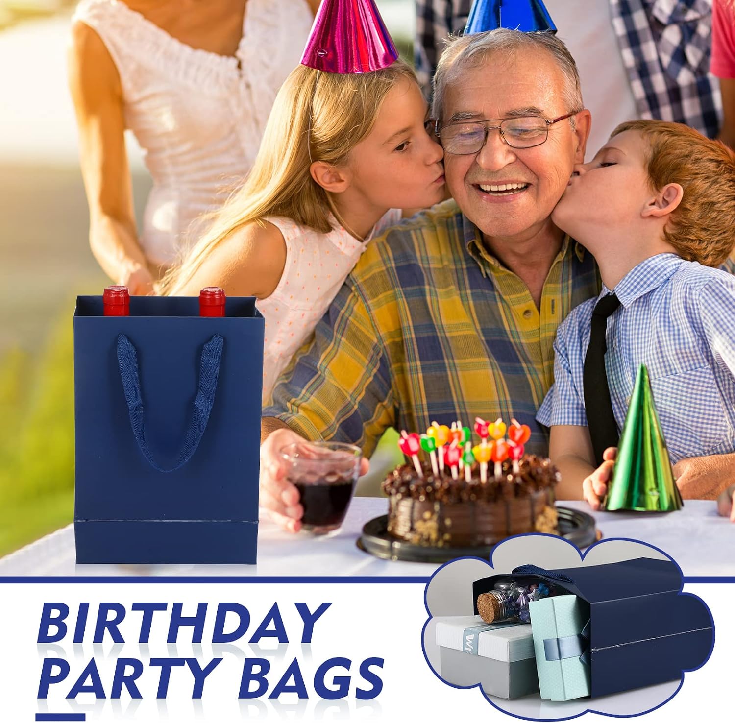 Gueevin 30 Pcs Navy Blue Gift Bags with Handles Kraft Paper Gift Bags Assorted Sizes 5.9x2.3x7.8, 7.8x3.9x11, 9.8x5.1x12.5 10 Pcs Each, Matte Wrapping for Birthday Bulk Wedding Shopping