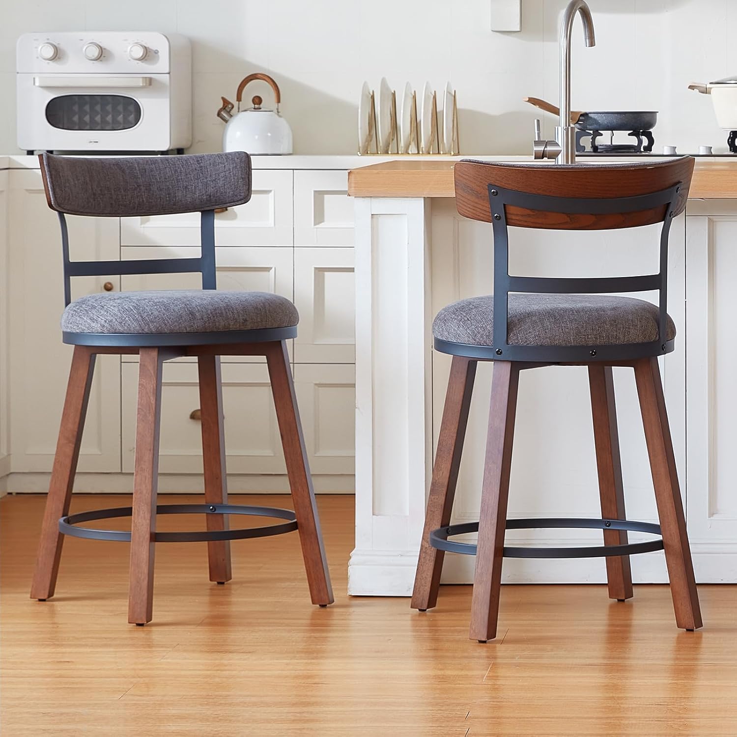 Modern Bar Stools Set of 2, 26" Thick Upholstered Barstools with Curved Frabic Backrest&Solid Wood Legs&Matte Metal Frame, Counter Height Bar Stools for Kicthen Island, Grey