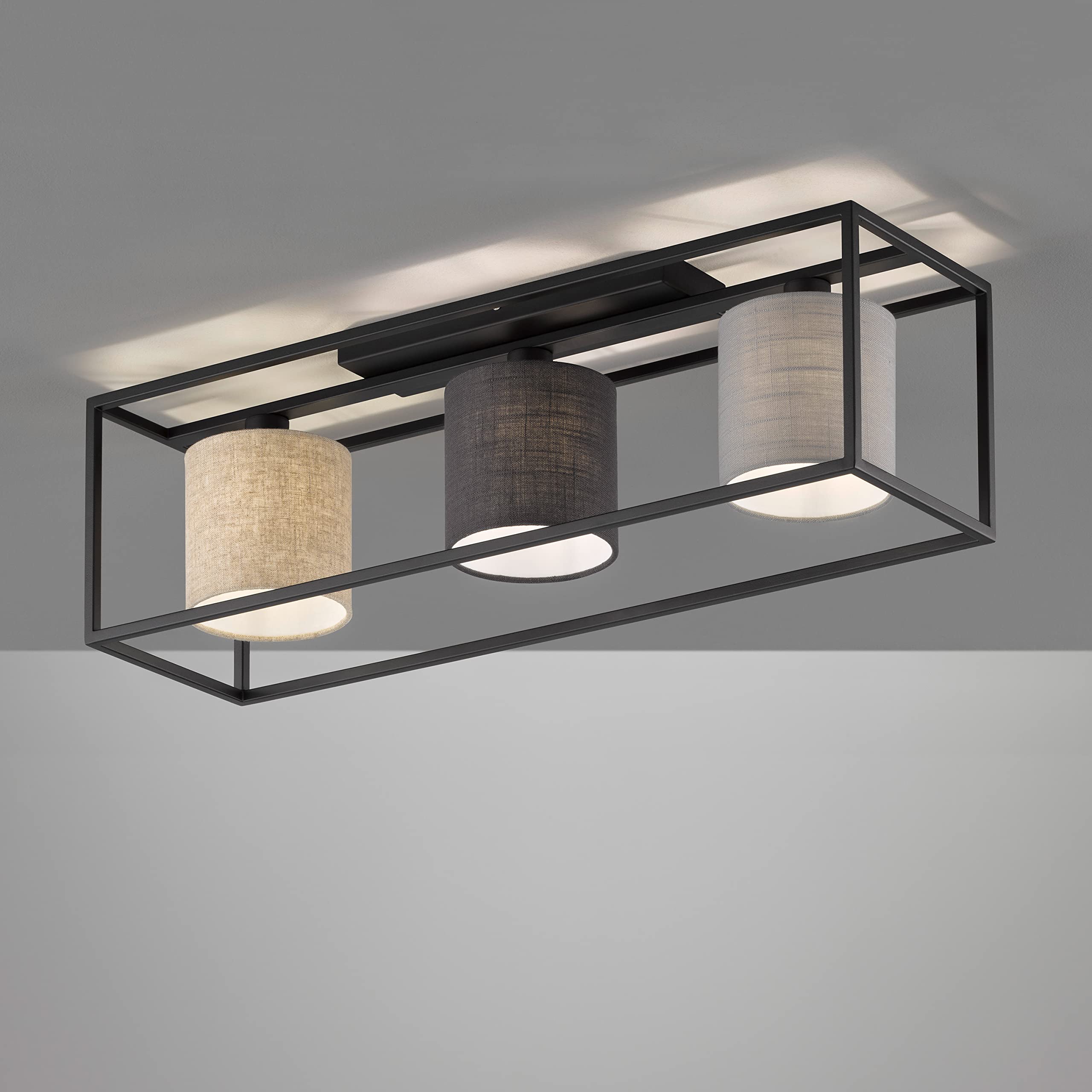 Fischer & Honsel | Deckenleuchte, Isko | sandschwarz|Leinen Stoffschirme: hellgrau, grau, sandfarben| L: 70,00 cm, B: 20,00 cm| Ausl. Decke: 22,50 cm| 3x E14 max. 25,0 Watt| 21358