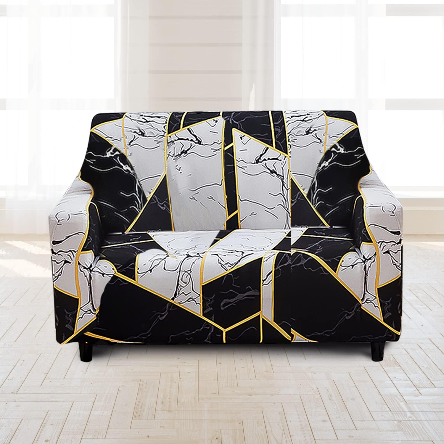 ABOUT SPACE Sofa Cover - Elasticity, Stretchable & Flexible Polyester Slipcover - Easy Machine Washable - Couch Covers Suitable for Living Room, Home & Office(2 Seater,145-185 cm) - B/W Geometric