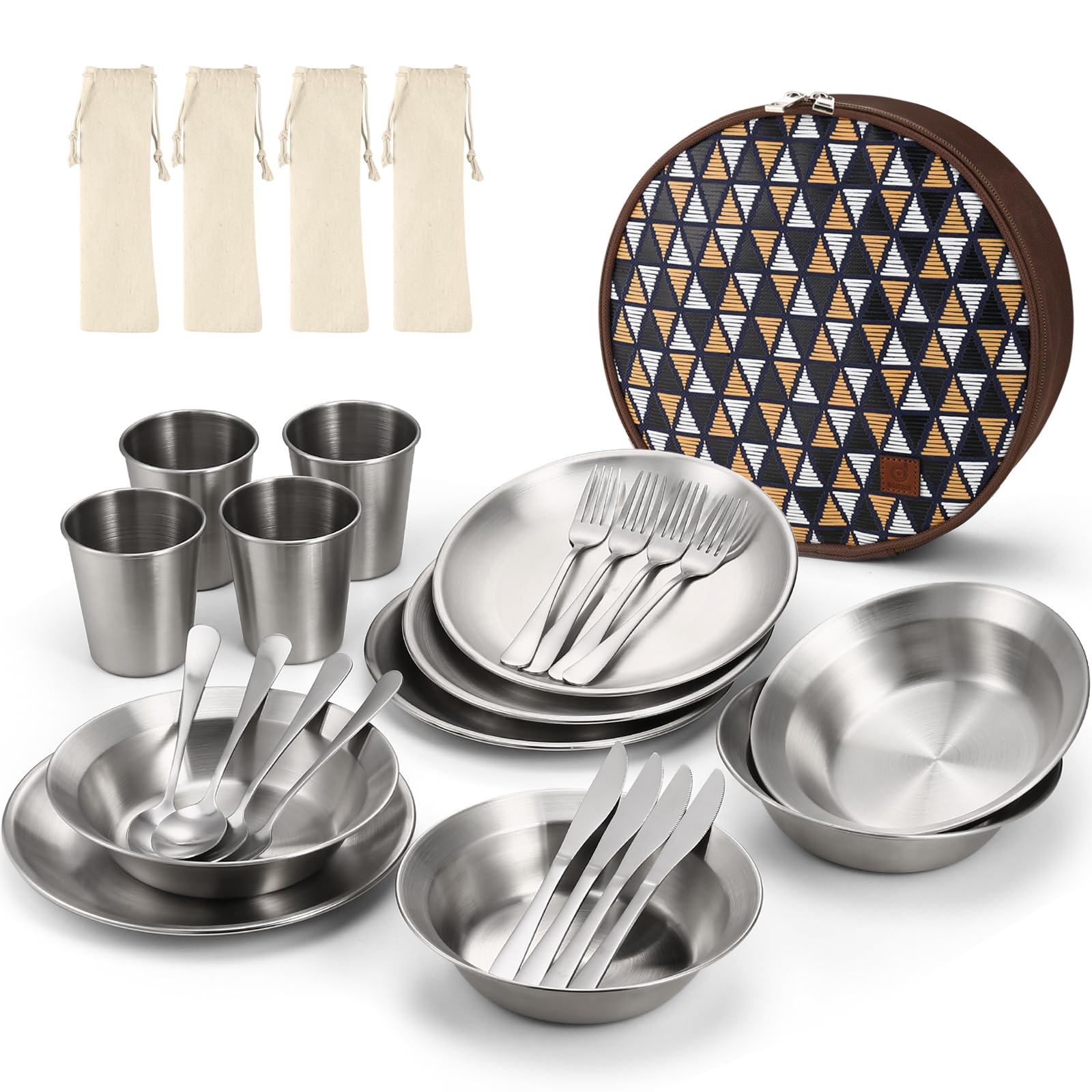 Odoland Stainless Steel Camping Dinnerware - Messware Kit with Plates, Bowls, and Cutlery Organizer for Backpacking, Hiking, Picnic