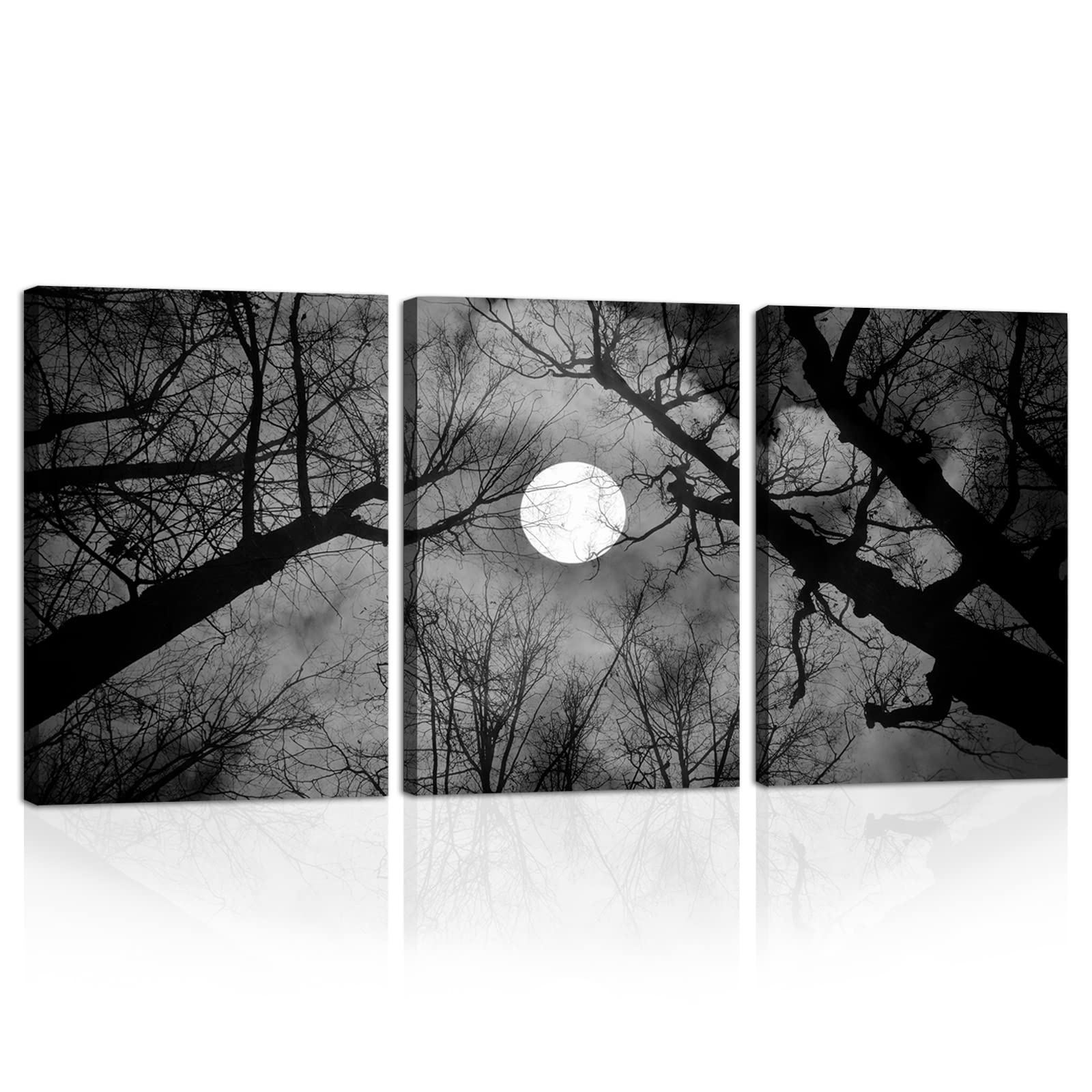 3 Pieces Black and White Canvas Wall Art Forest Tree Full Moon Picture Prints Night View Painting for Living Room Bedroom Decor Framed Ready to Hang (Full Moon-1, 16"x24"x3P (40x60cmx3))