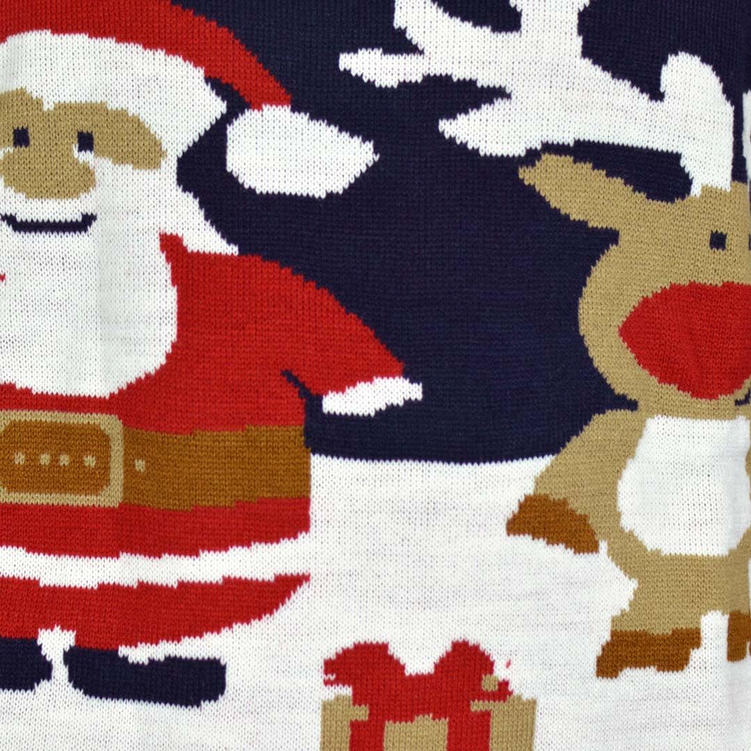 Jersey Navideño para Mujer, Hombre y Niños Azul Papá Noel y Reno Rudolph