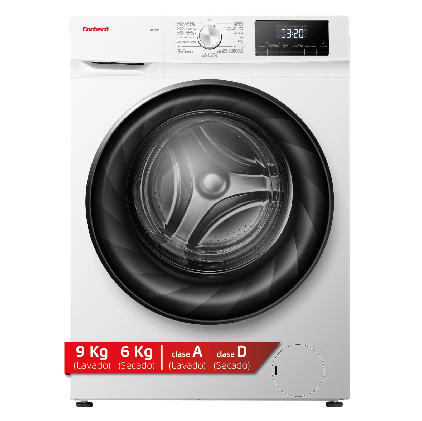 Corberó - Washing Machine Dryer Front Load | CLSH96VIN | 9 kg/6 kg | 1400 RPM | 15 Programs | Inverter | Steam | Deferred Start | ECO | XXL Door | White Energy Label
