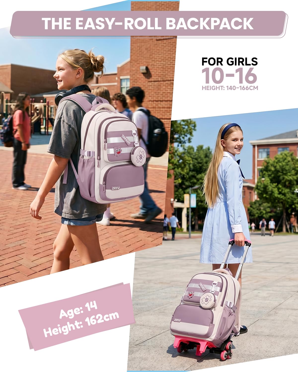 Amythe Cartable à Roulettes Fille – 6 Roues Amovible, 9-16 Ans, Violet