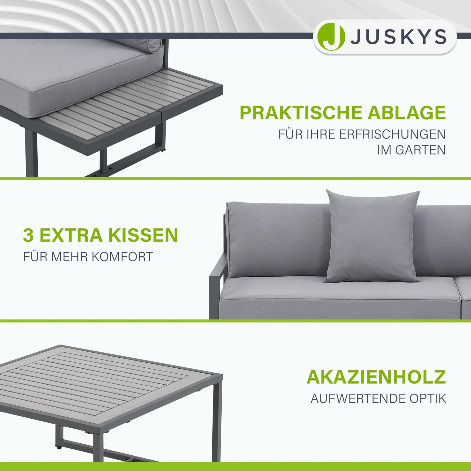 Juskys Gartenmöbel Lounge St. Tropez - 4 Personen Sitzecke - Set mit Tisch, Ecksofa & Kissen - Möbel für Balkon & Garten - Holz Balkonmöbel Grau