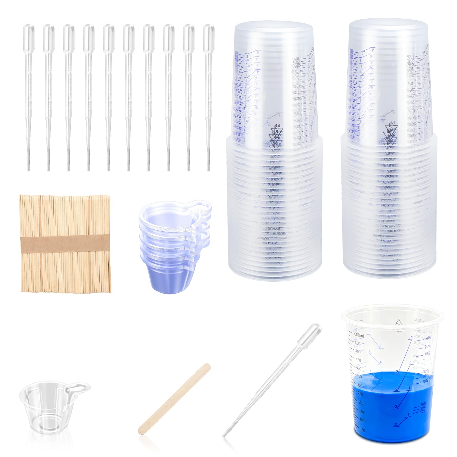Bicchieri per miscelazione Vernice 600 ml 40 pezzi Set di Bicchieri per Miscelazione Bastoncini per Mescolare Epossidica con Manico Pipette | con Rapporto di Miscelazione Chiaro