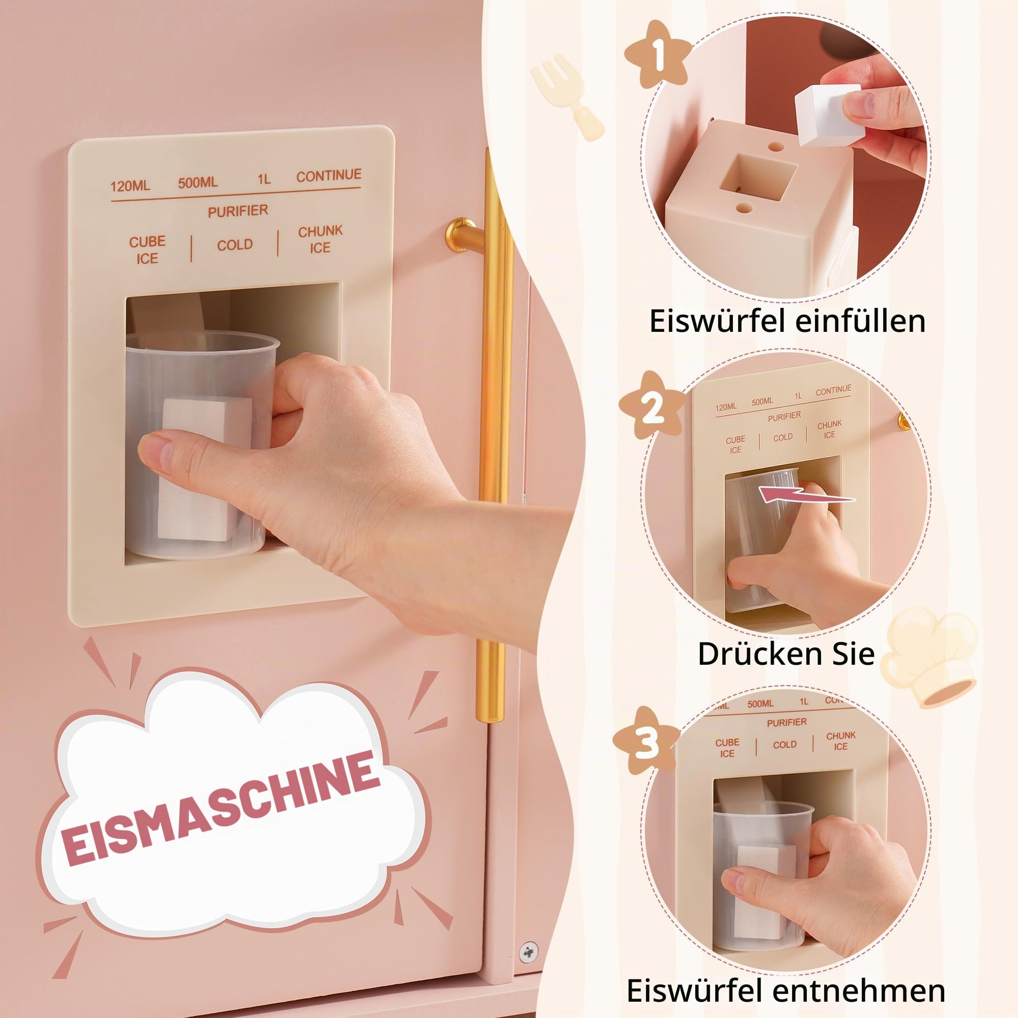 ROBUD Kinder Spielküche aus Holz, Kinder Spielzeugküche Spielset mit Brotmaschine, Ofen mit Kuchen, Geschirr Geschirrspüler, eingebauter Eisbereiter, Kleinkind Pretend Kochset für Jungen und Mädchen