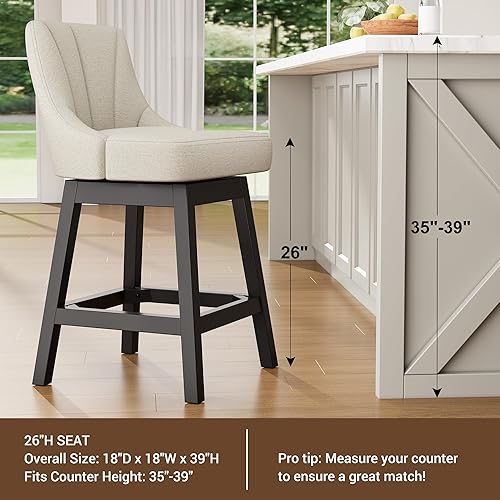 Miniatura 6 de Taburetes de bar giratorios con respaldos, 26 pulgadas de altura de mostrador, taburetes de bar tapizados de tela de lino extra con patas cuadradas