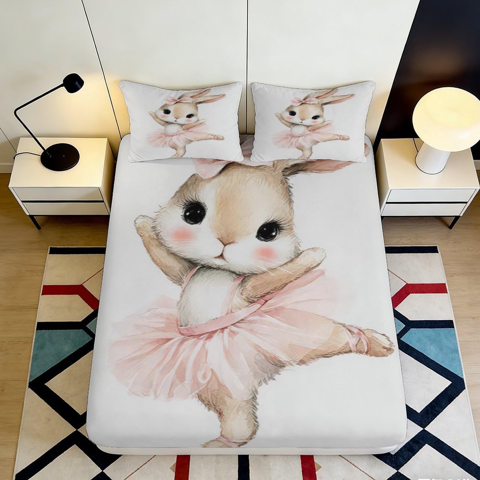 Uynsixtme Style-9 3D Printed Ballet Rabbit Fitted Sheet Microfiber Deep Pocket Bedroom Bedding Ballet Rabbit Mattress Fitted Cover Non-Slip Washable 90X200x25cm