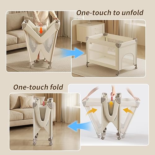 Miniatura 3 de 4 en 1 corralito para bebé, Pack and Play: moisés de noche ajustable en altura de 4 niveles, cuna de viaje plegable de un solo toque con cambiador,