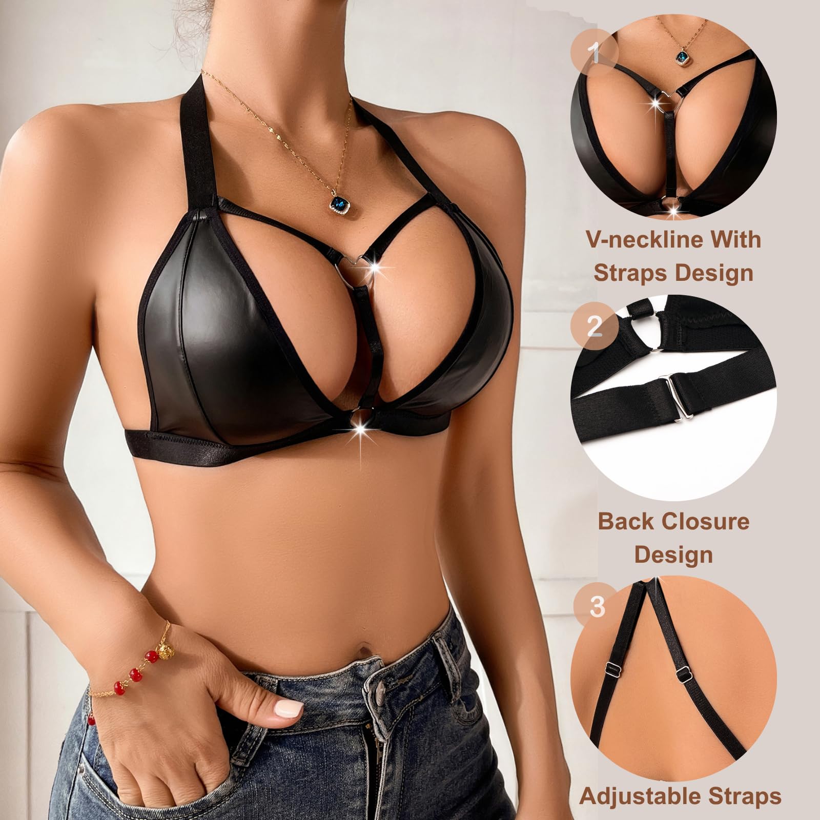 Soutien-gorge sexy à bretelles dos nu en cuir synthétique pour femme - Bralette dos nageur - Sans fil - Push Up - Col en V plongeant - Bustier creux - Dos nu - Corset gothique punk - Clubwear