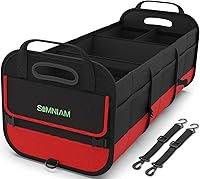 SIMNIAM Large Foldable Car Trunk Organizer, 4 Compartments with Retractable Straps, 95L Capacity for SUV, Truck, Minivan - Red