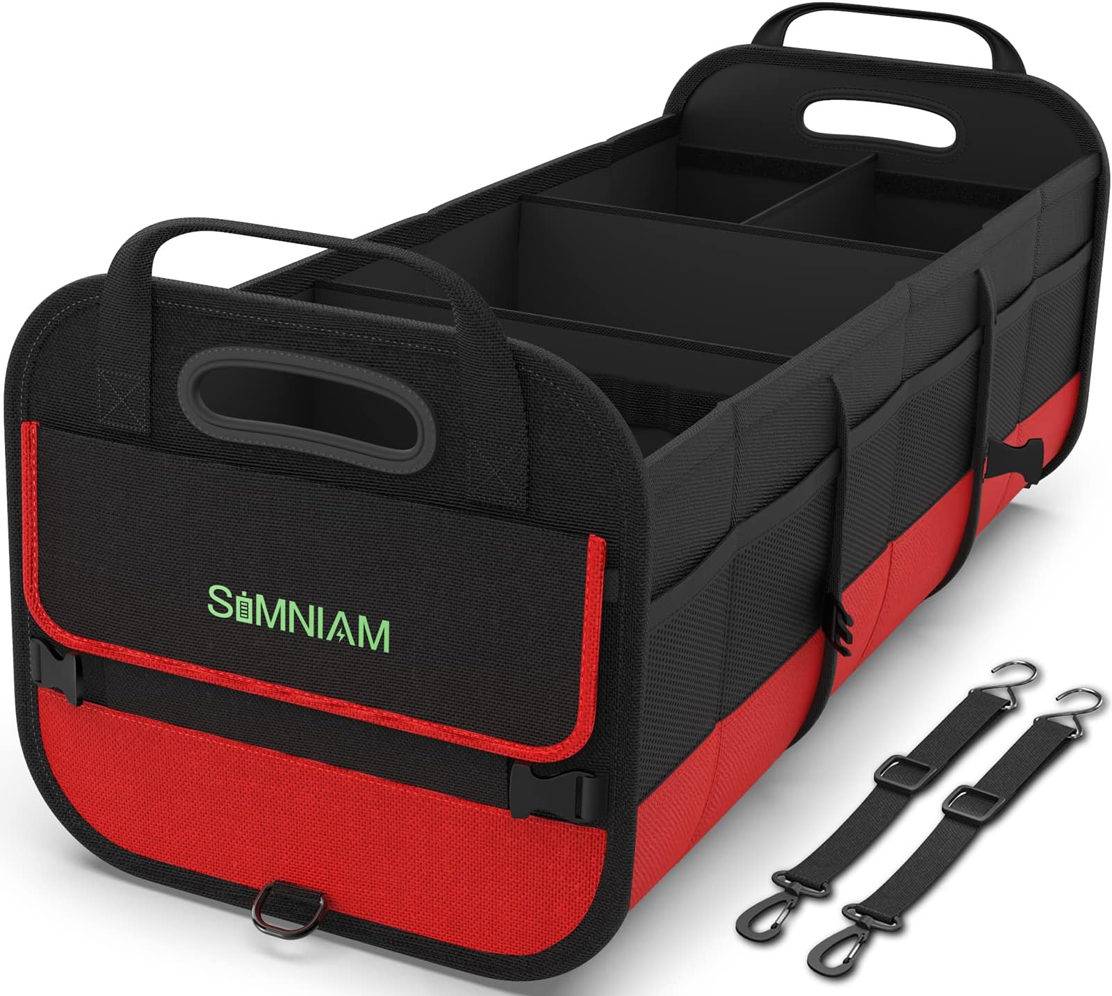 - Simniam Large Trunk Organizer for Car, Foldable Multi Compartment Car Trunk Organizer with 2 Retractable Straps, Suitable for All Kinds of Cars, SUV, Minivan - 4 Compartments Red