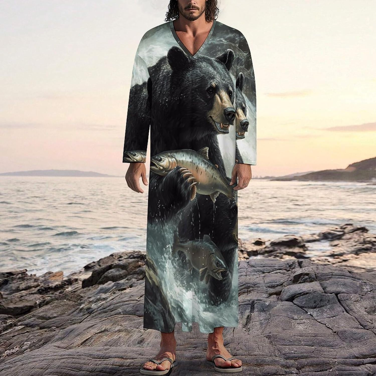 Black Bear Catching Salmons Fish Men's Kaftan Thobe V-Neck Robe Long Sleeve Gown Thobe for Home Outings