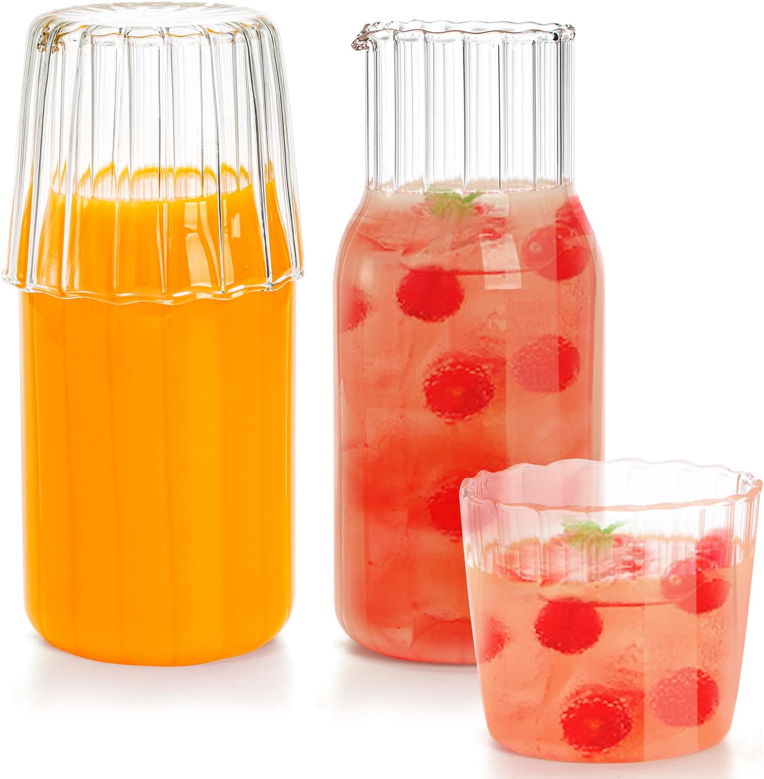4 Pieces Bedside Water Carafe with Tumbler Glass, 18 Oz Nightstand Water Carafe and Glass Set, Clear Water Pitcher and Cup Night Set for Desktop, Bedroom, Bathroom, Cup 8 Oz