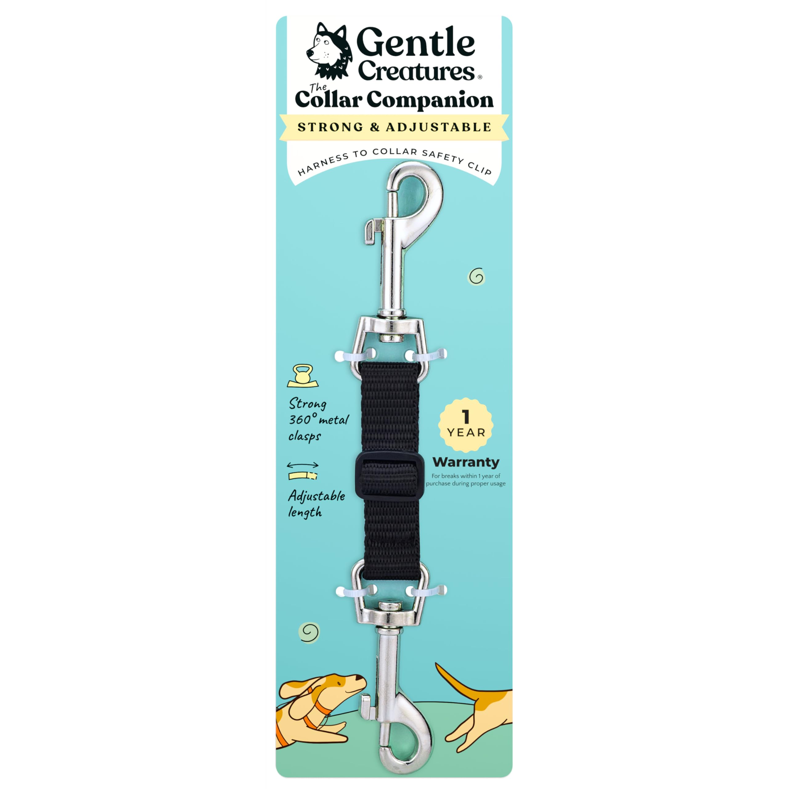 Gentle Creatures Collar Companion - Adjustable Backup Clip for Dog Harness, Prong, Pinch Collars, Gentle Lead - Double Ended Backup Clasp - Harness to Collar Safety Clip